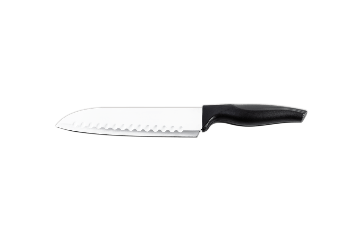 Faca Santoku 7 polegadas para fatiar e picar carnes, vegetais, legumes e frutas com lâmina aço inoxidável polido. Linha Cross Brinox - Preto Brinox