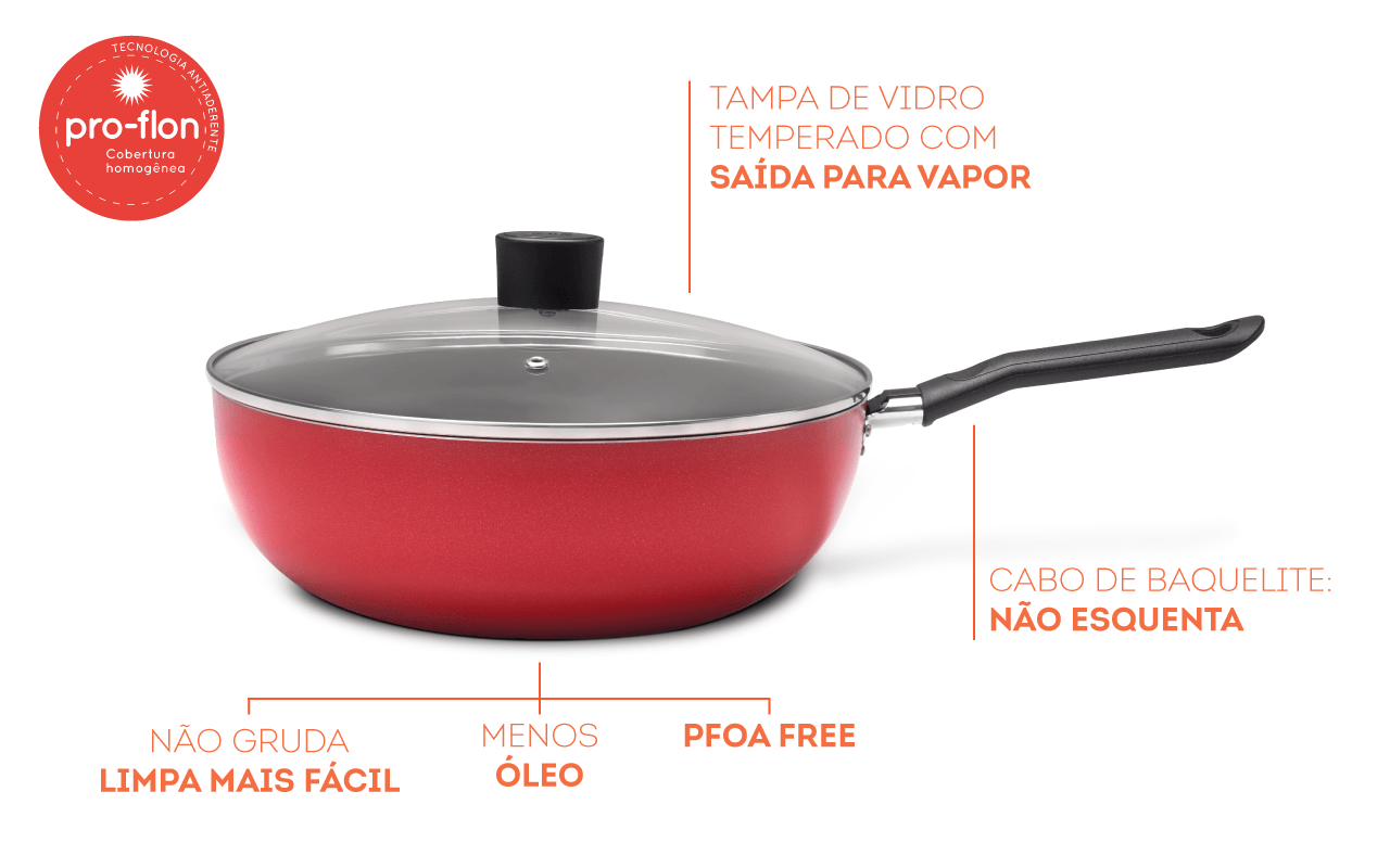 Wok com Tampa Brinox Garlic 28cm 4,1L Antiaderente Pro-flon Vermelha - Imagem 2