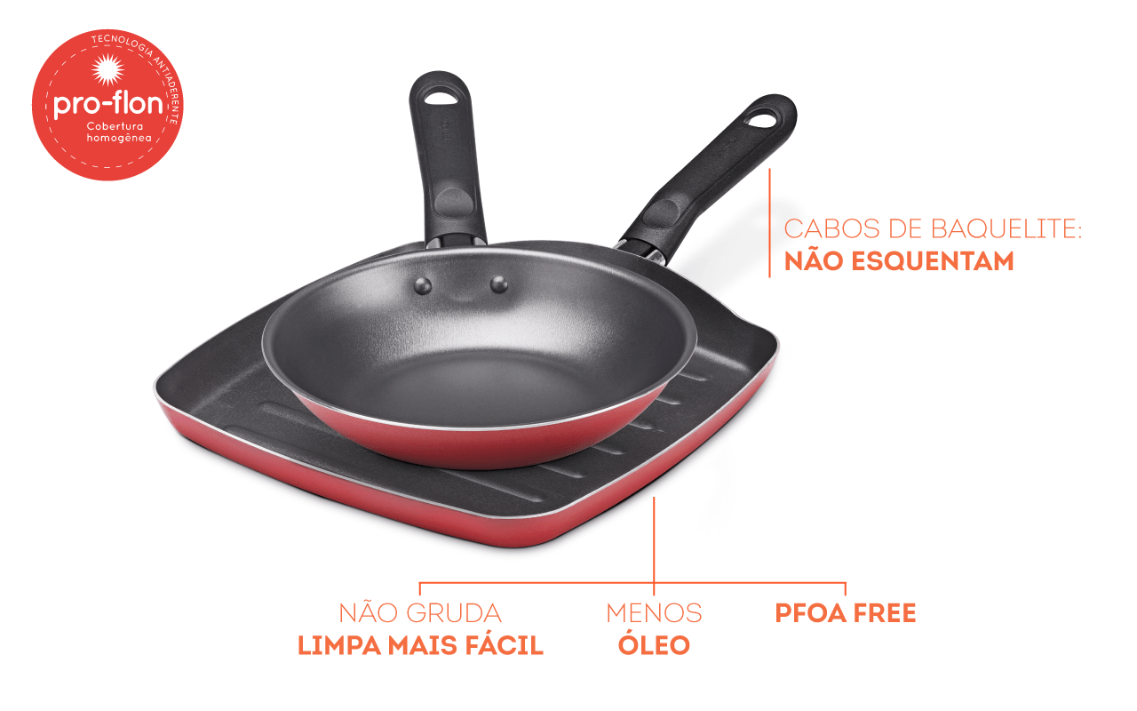 Conjunto com Grill e Frigideira Brinox Garlic Antiaderente Pro-Flon 2 Peças Vermelho - Imagem 2