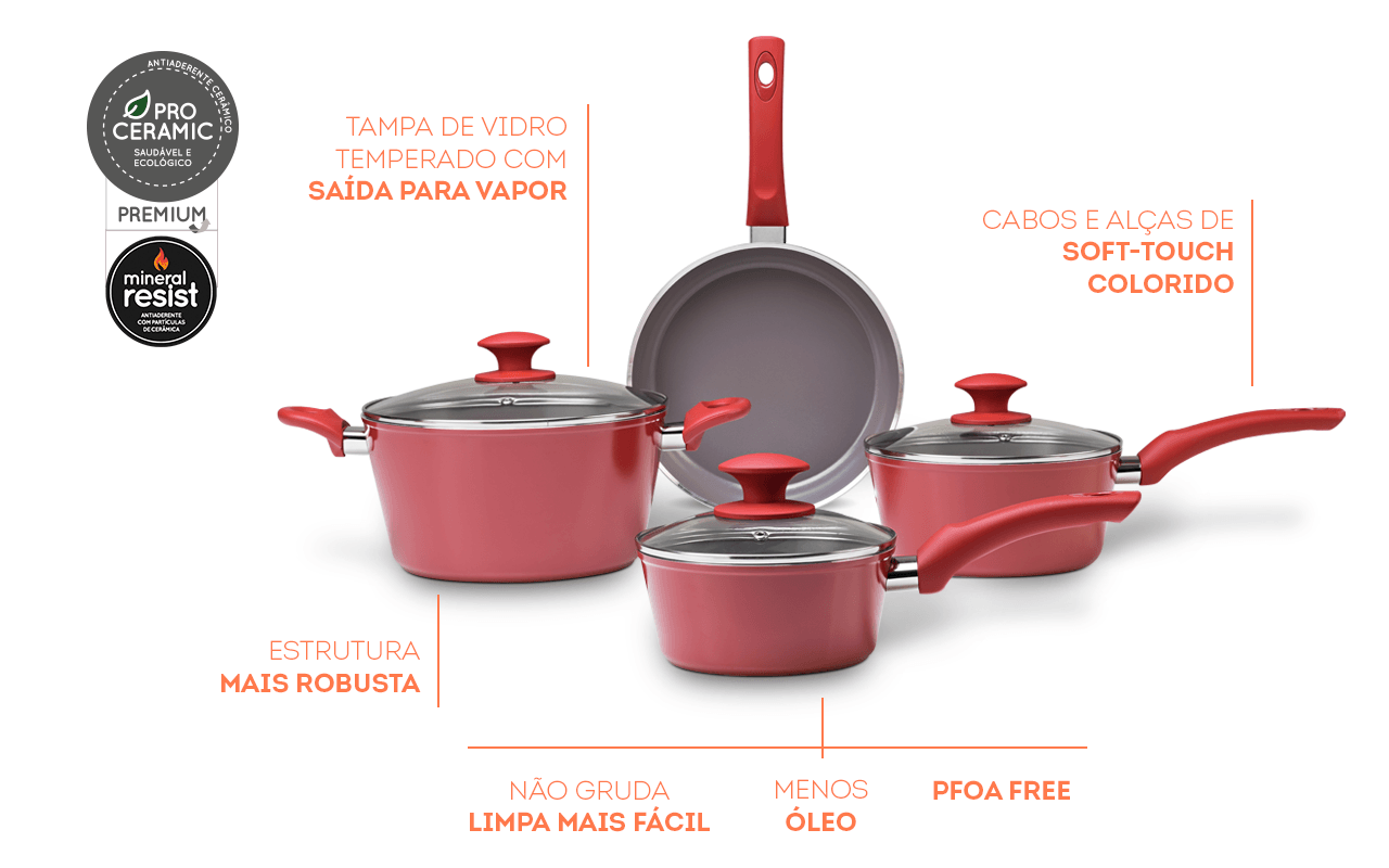 Jogo de Panelas Brinox Antiaderente Ceramic Life 4 Peças Berry Vermelho Carmin - Imagem 7