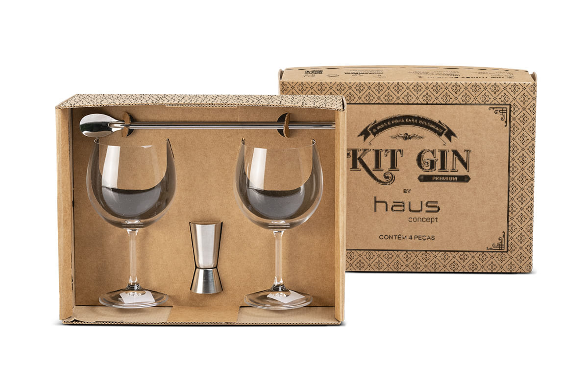 Kit Gin 4 Peças com 2 Taças 600ml Dosador e Colher Aço Inox Haus Concept