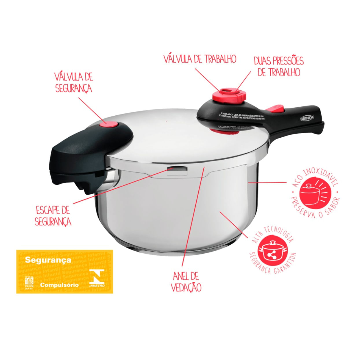 Panela de Pressão Inox Brinox Supra Fundo Triplo 6 Litros Ø 22 cm com 5 Dispostivos de Segurança - Imagem 3