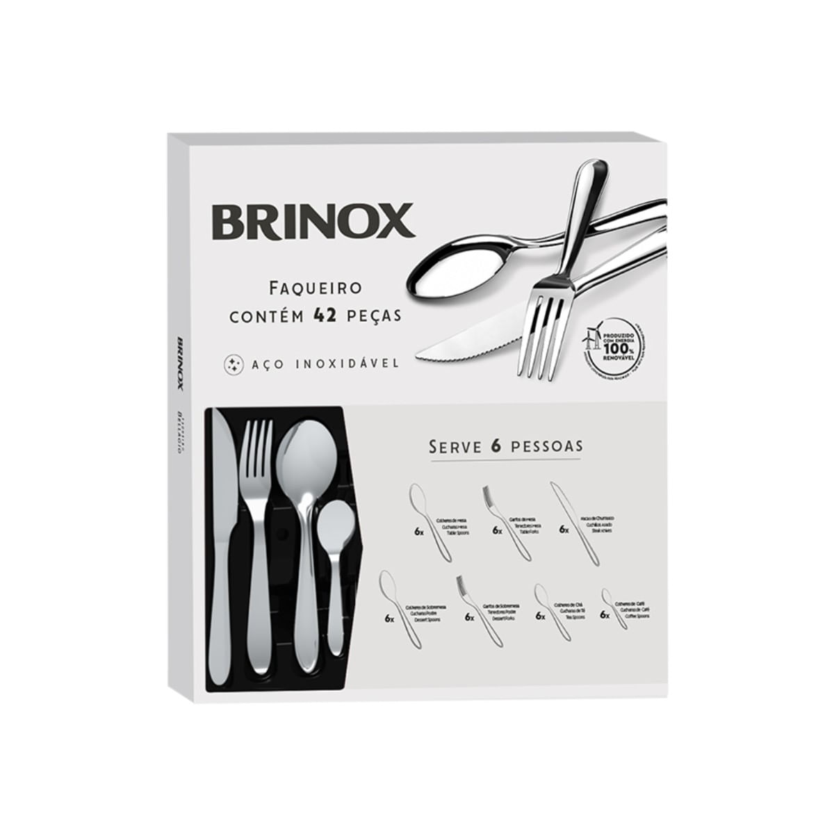 Faqueiro Brinox 42 Peças em Aço Inoxidável Linha Lyon (serve 6 pessoas)
