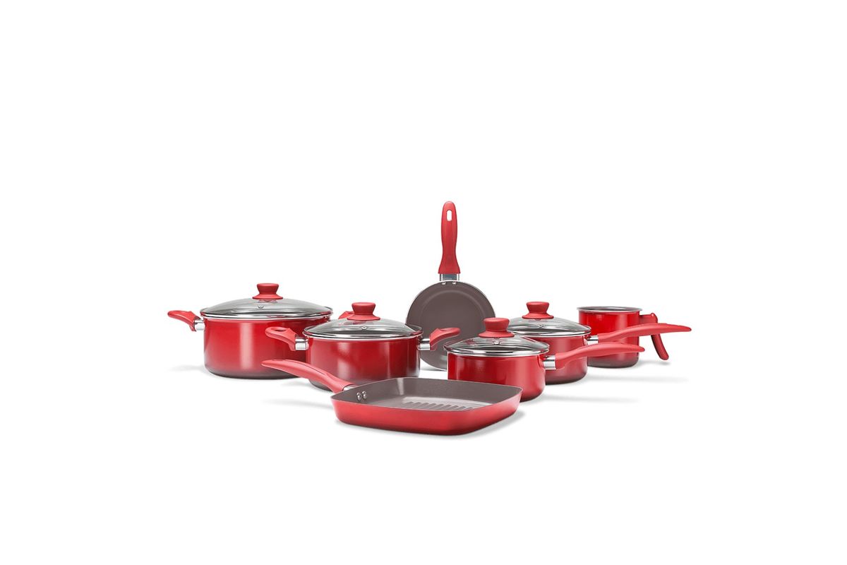 Jogo de Panelas Brinox Antiaderente Ceramic Life 7 Peças Easy Vermelho