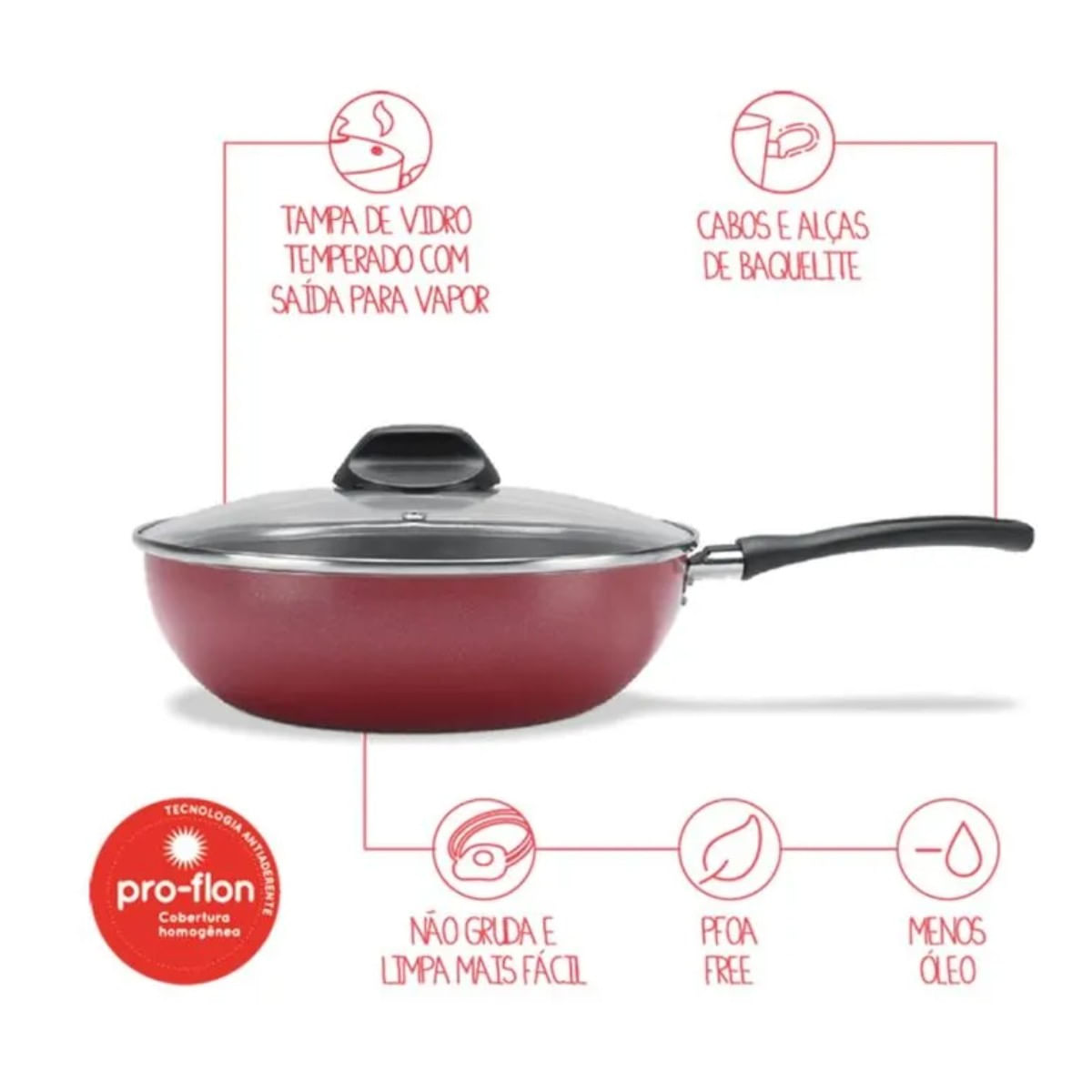 Wok com Tampa Brinox Garlic 24cm 2,3L Antiaderente Pro-flon Vermelha - Imagem 3