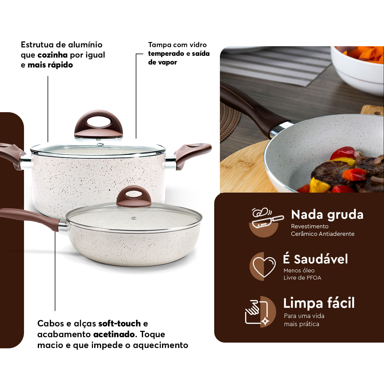Jogo de Panelas Brinox Antiaderente Ceramic Life 8 Peças Smart Plus Vanilla - Imagem 4