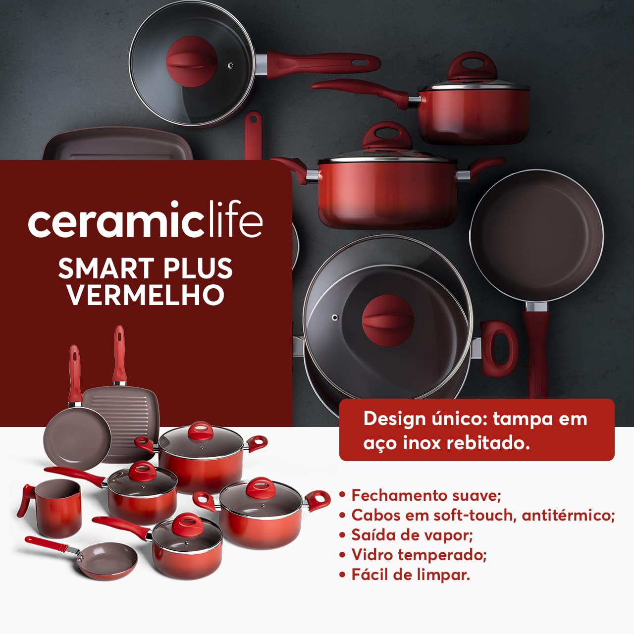 Jogo de Panelas Brinox Antiaderente Ceramic Life 7 Peças Smart Plus Vermelho - Imagem 2