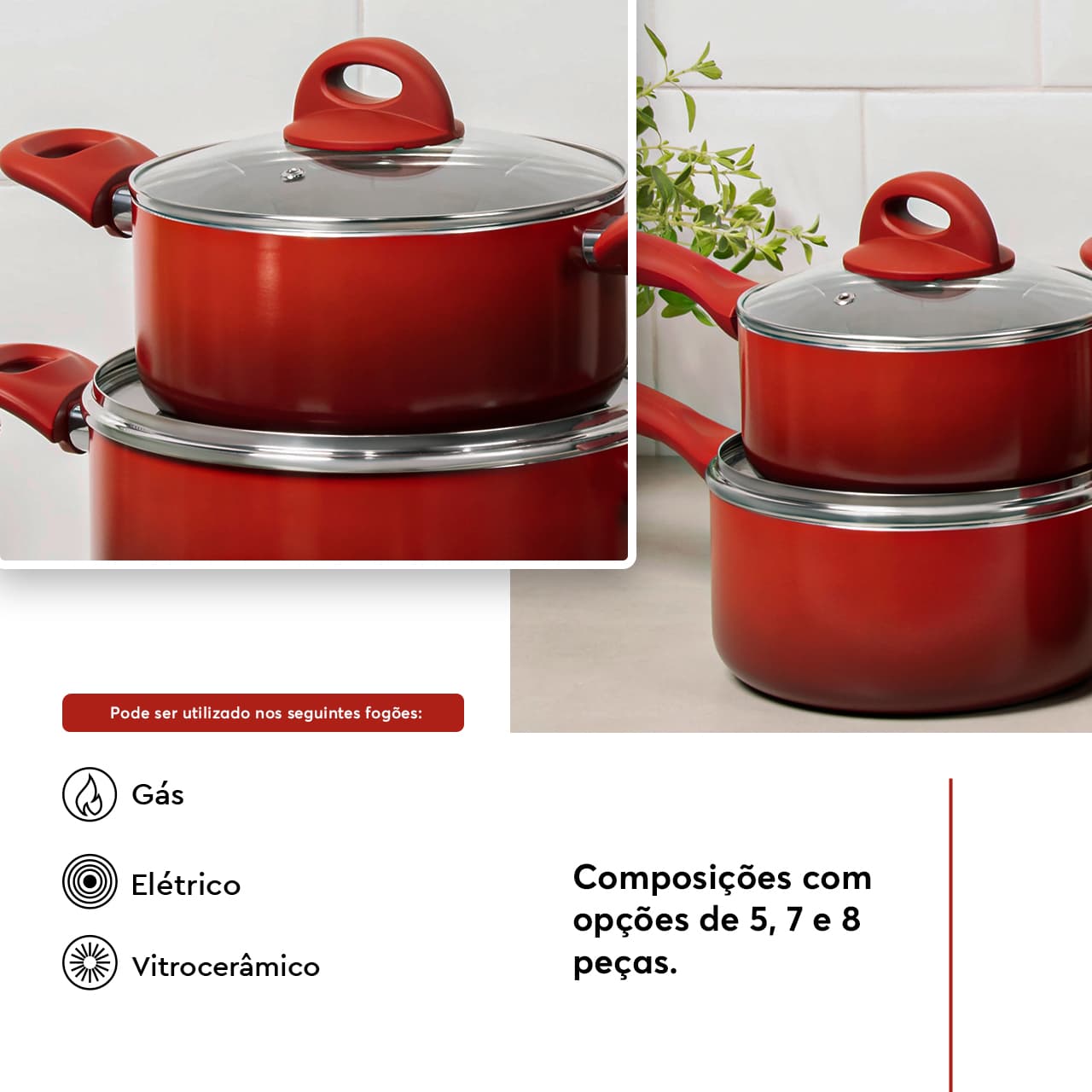 Jogo de Panelas Brinox Antiaderente Ceramic Life 7 Peças Smart Plus Vermelho - Imagem 3