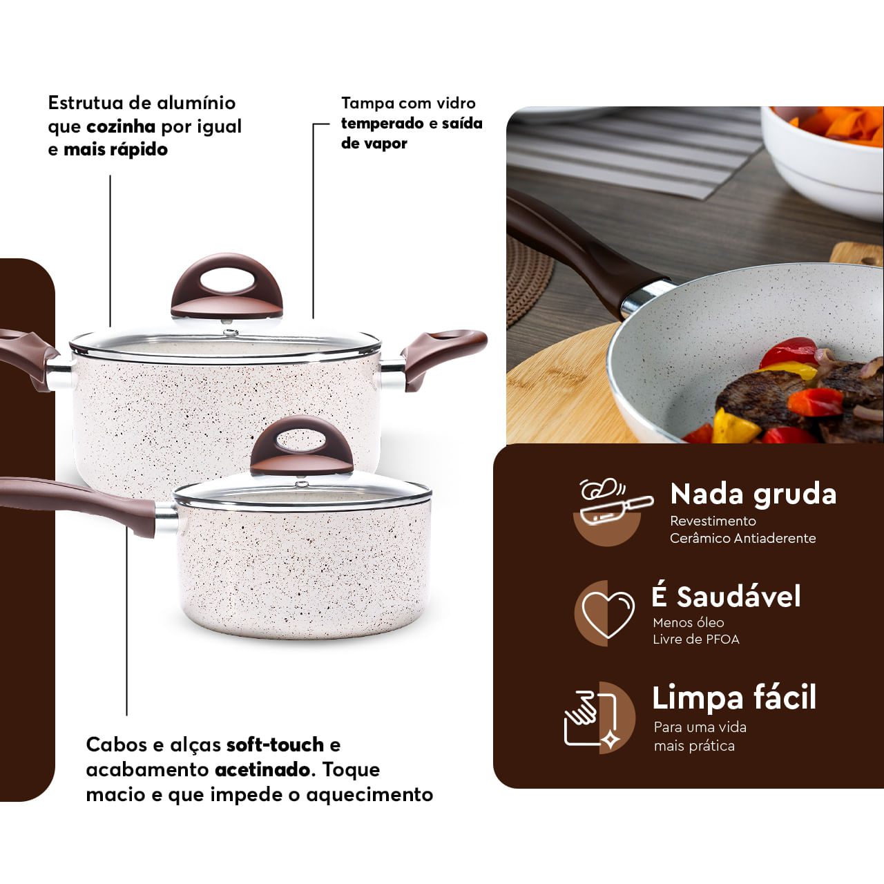 Jogo de Panelas Brinox Antiaderente Ceramic Life 6 Peças Smart Plus Vanilla - Imagem 3