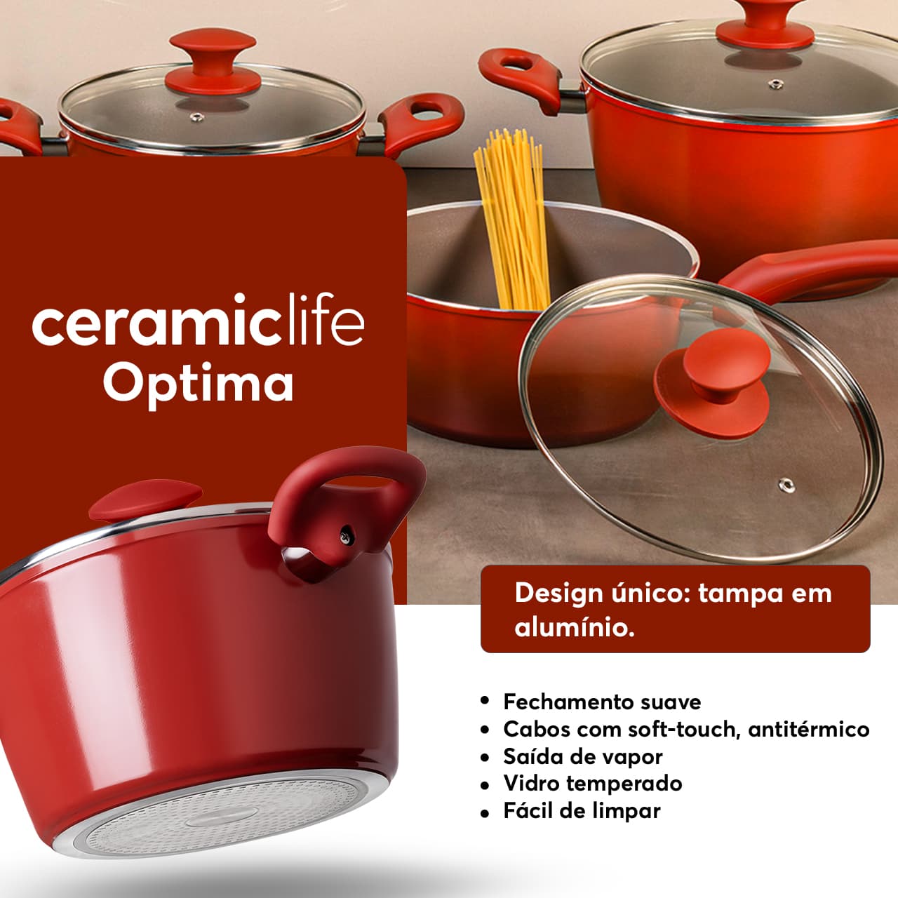 Jogo de Panelas Brinox Antiaderente Ceramic Life 5 Peças Optima com Indução Vermelho Carmin - Imagem 2