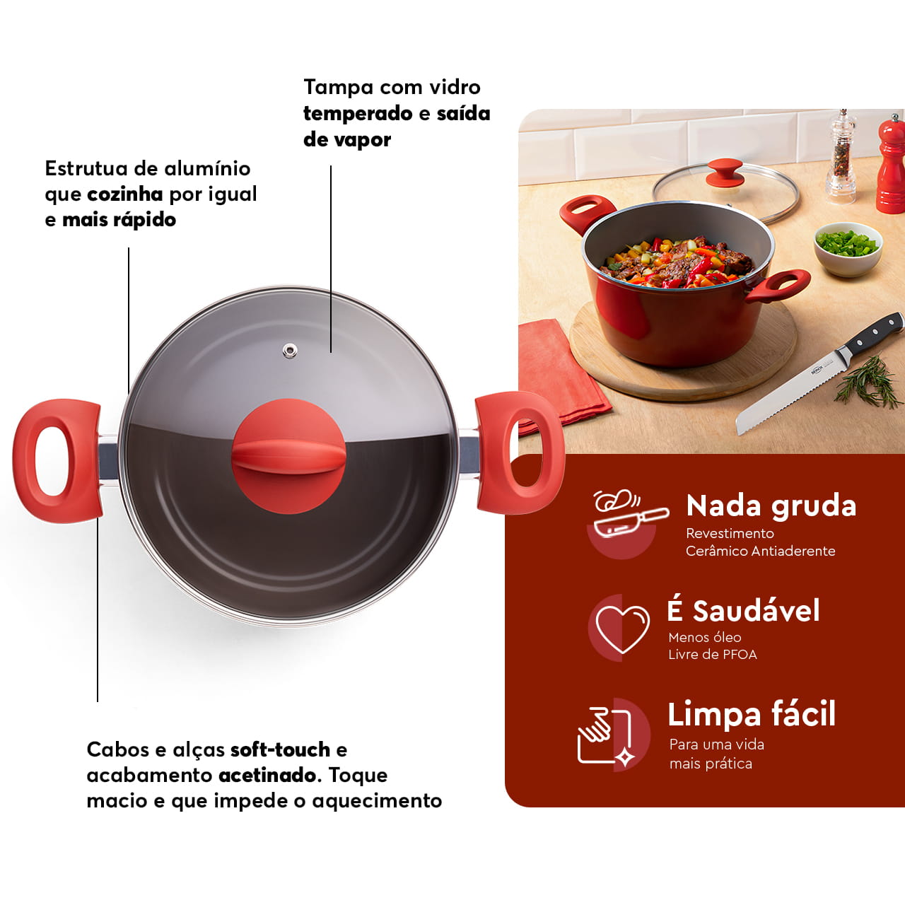 Jogo de Panelas Brinox Antiaderente Ceramic Life 5 Peças Optima com Indução Vermelho Carmin - Imagem 3