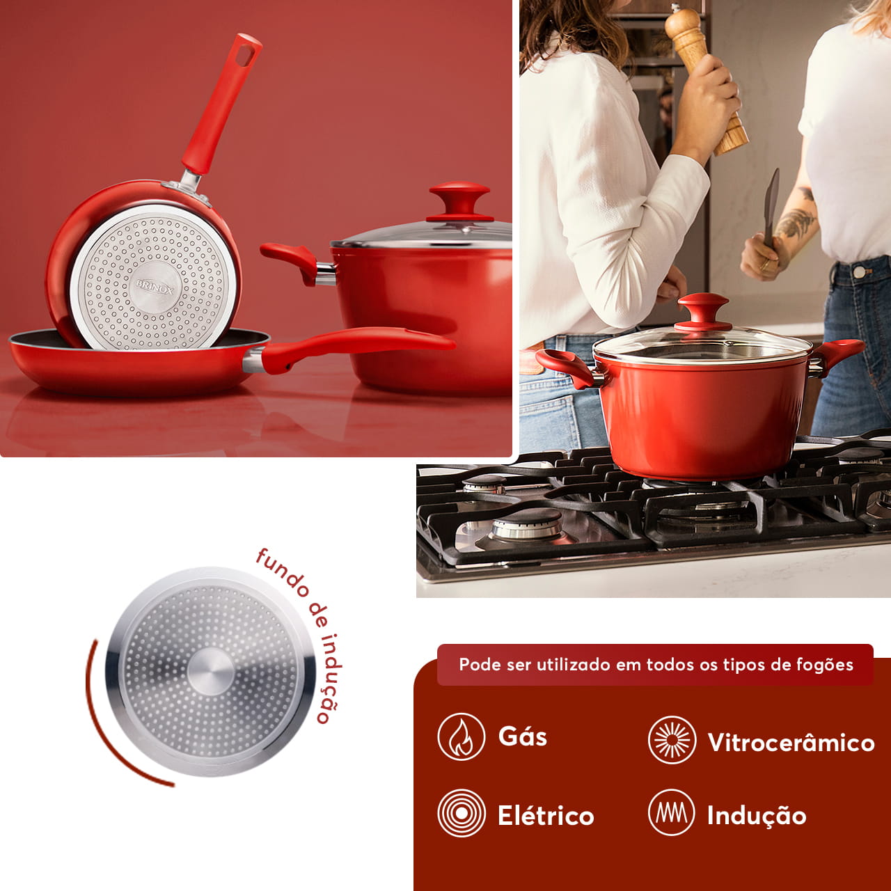Jogo de Panelas Brinox Antiaderente Ceramic Life 5 Peças Optima com Indução Vermelho Carmin - Imagem 5