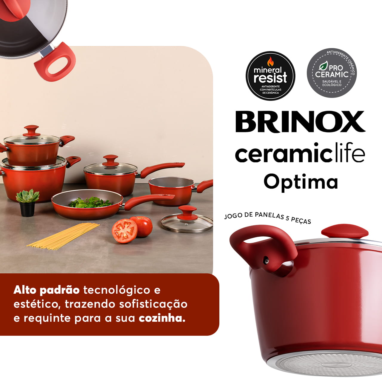 Jogo de Panelas Brinox Antiaderente Ceramic Life 5 Peças Optima com Indução Vermelho Carmin - Imagem 6
