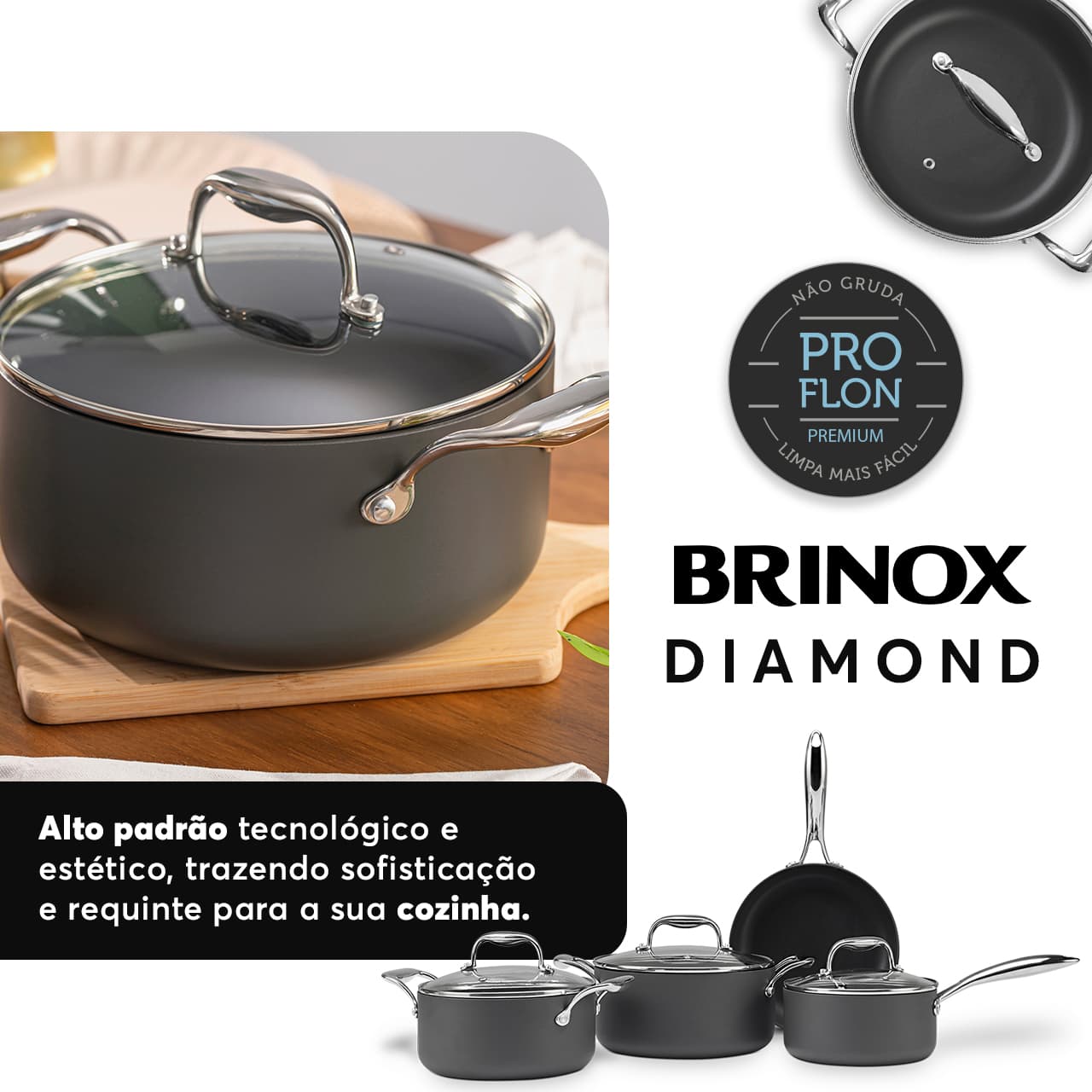 Caçarola de Indução com Tampa Brinox Diamond Ø 24cm 4,7L Antiaderente Pro-Flon Premium - Imagem 2