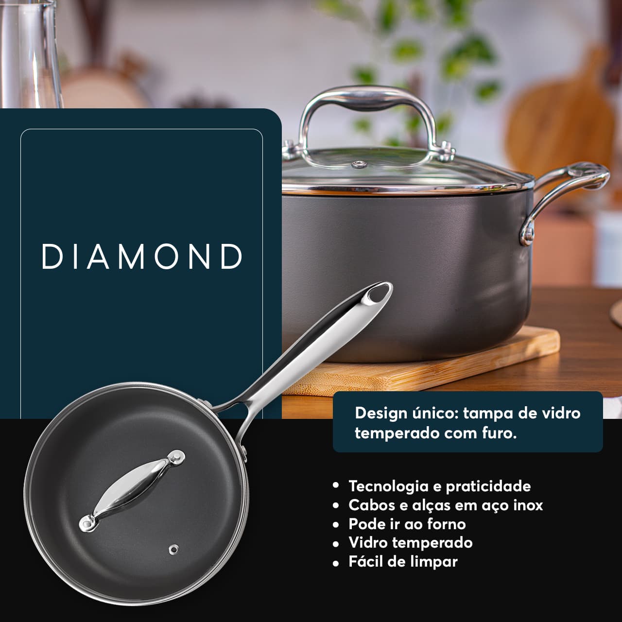 Caçarola de Indução com Tampa Brinox Diamond Ø 24cm 4,7L Antiaderente Pro-Flon Premium - Imagem 3