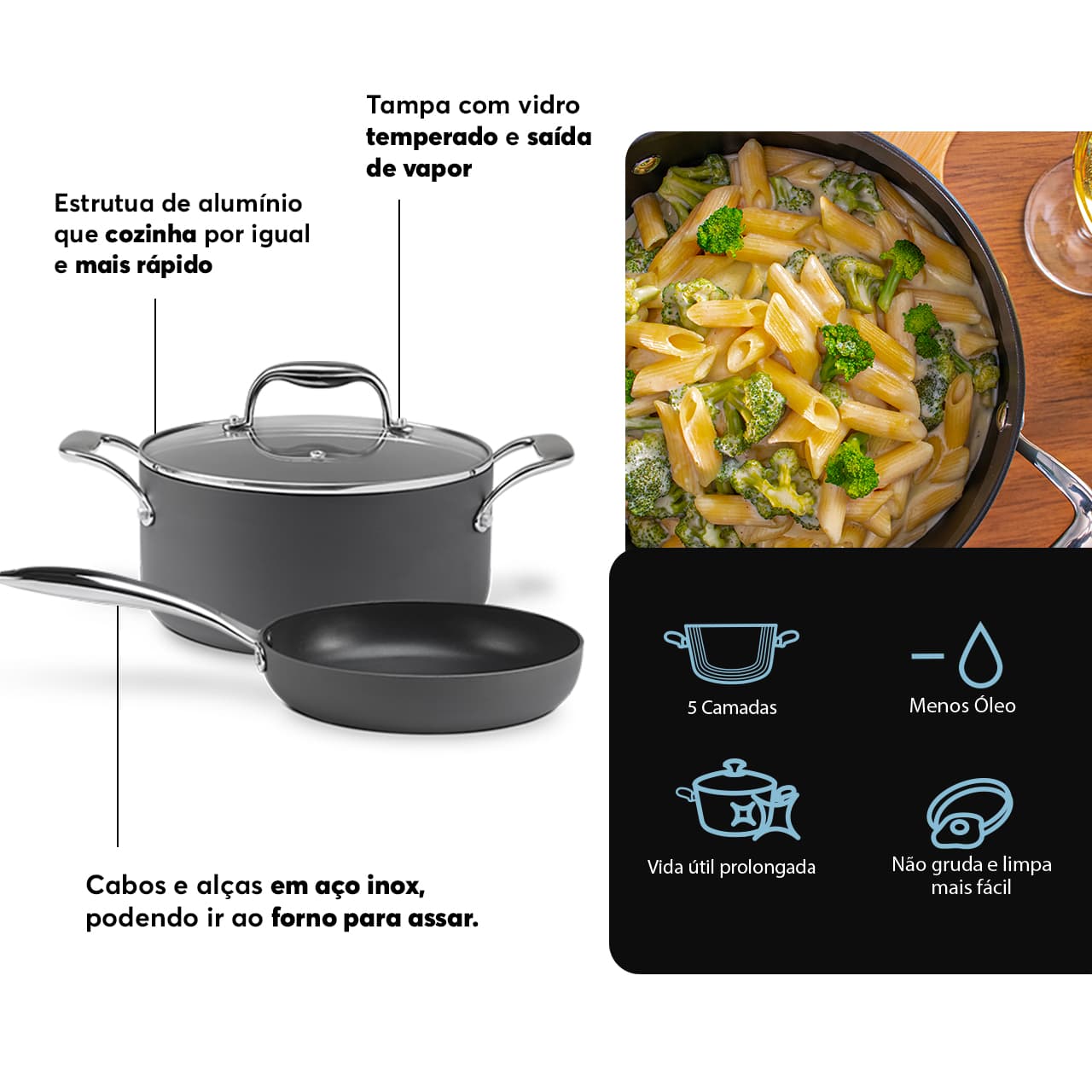 Caçarola de Indução com Tampa Brinox Diamond Ø 24cm 4,7L Antiaderente Pro-Flon Premium - Imagem 4