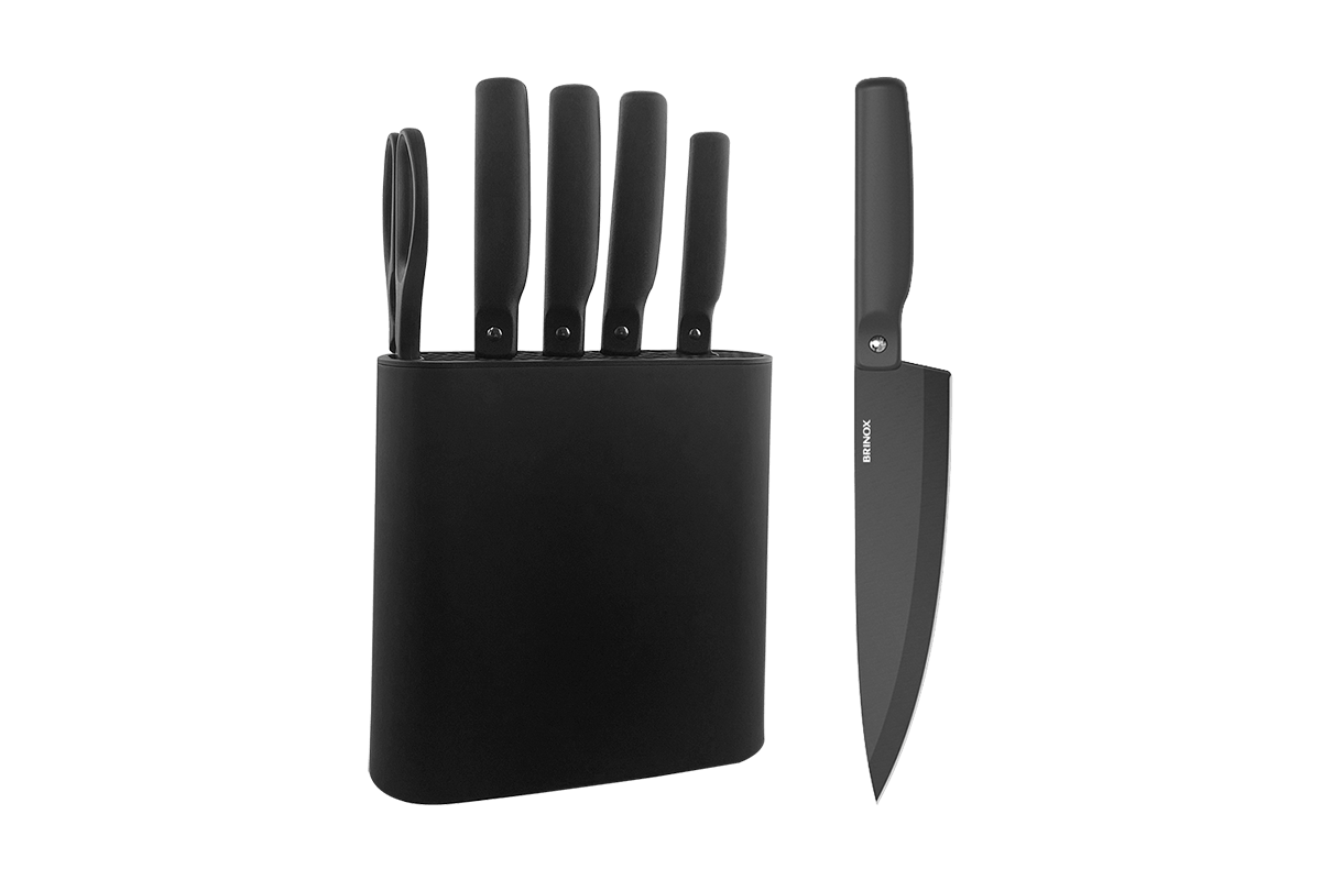 Jogo de Facas 6 Peças com Cepo Brinox Action Aço Inox Preto