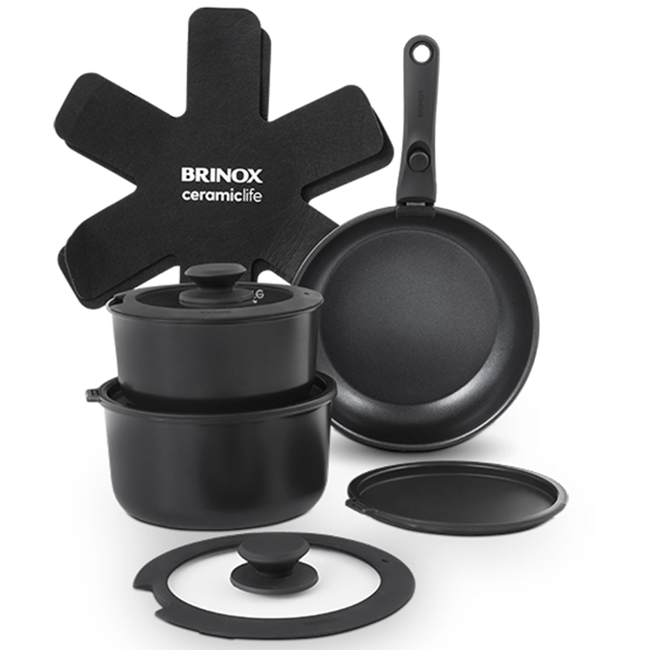 Jogo de Panelas Empilhável Brinox Fit 10 Peças Antiaderente Ceramic Life, Cabo Removível e Fundo de Indução - Preto