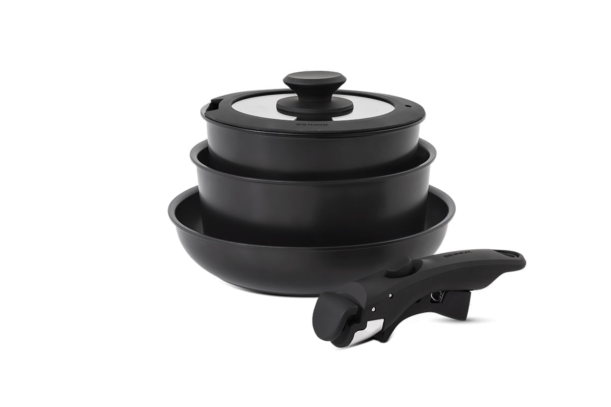 Jogo de Panelas Empilhável Brinox Fit 10 Peças Antiaderente Ceramic Life, Cabo Removível e Fundo de Indução - Preto - Imagem 2