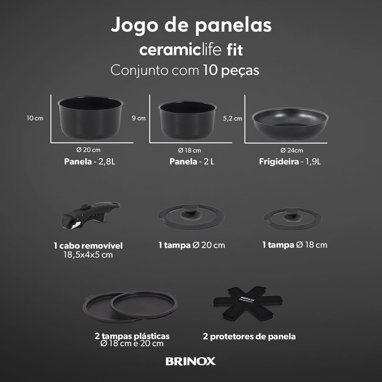 Jogo de Panelas Empilhável Brinox Fit 10 Peças Antiaderente Ceramic Life, Cabo Removível e Fundo de Indução - Preto - Imagem 4