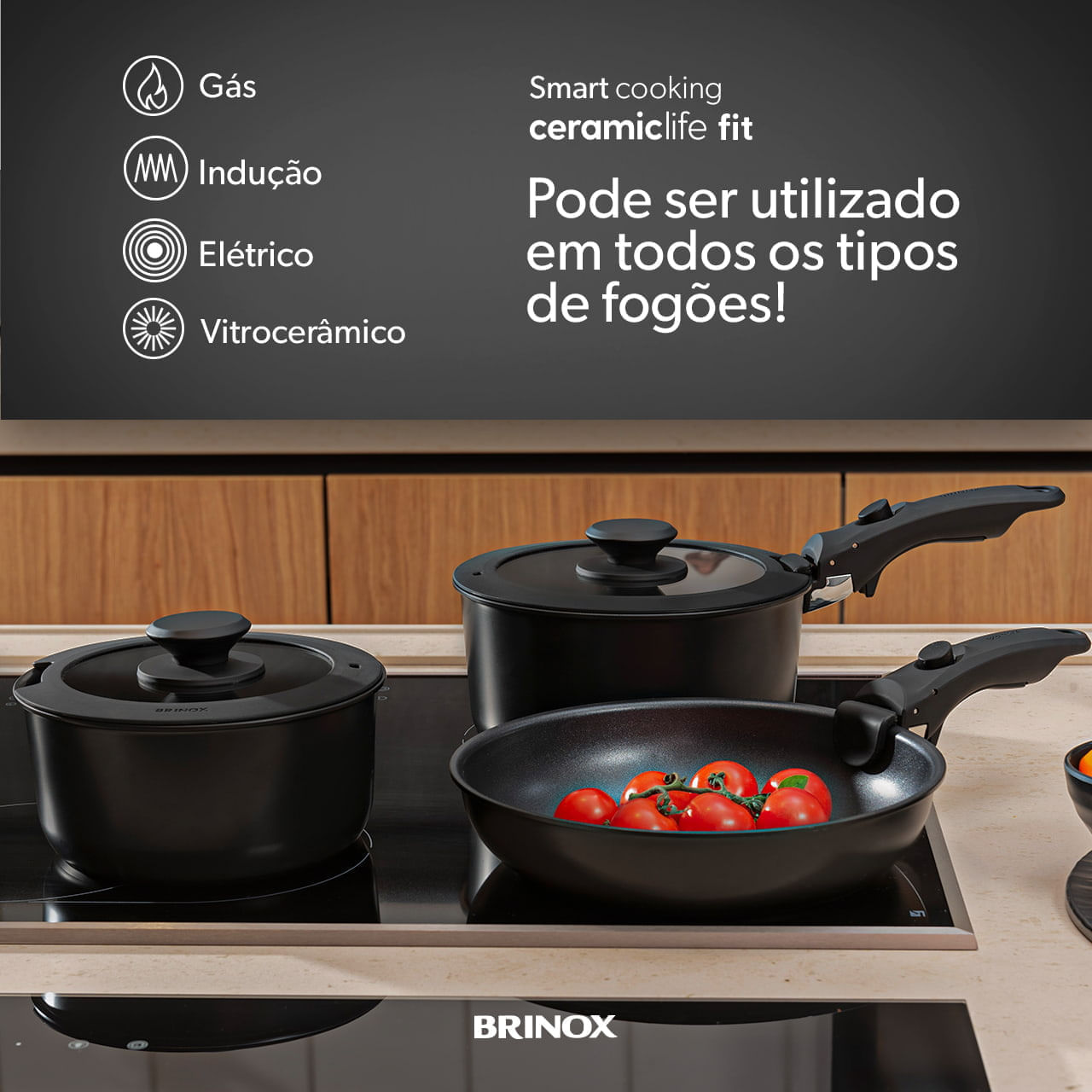 Jogo de Panelas Empilhável Brinox Fit 10 Peças Antiaderente Ceramic Life, Cabo Removível e Fundo de Indução - Preto - Imagem 5