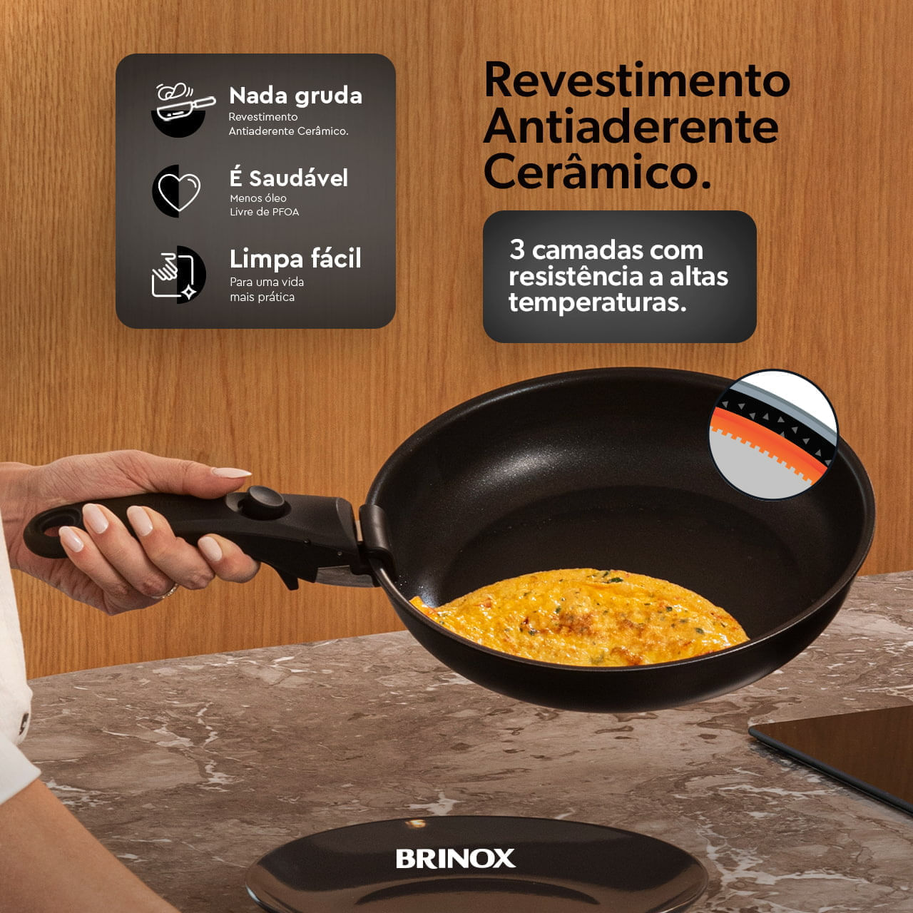 Jogo de Panelas Empilhável Brinox Fit 10 Peças Antiaderente Ceramic Life, Cabo Removível e Fundo de Indução - Preto - Imagem 6