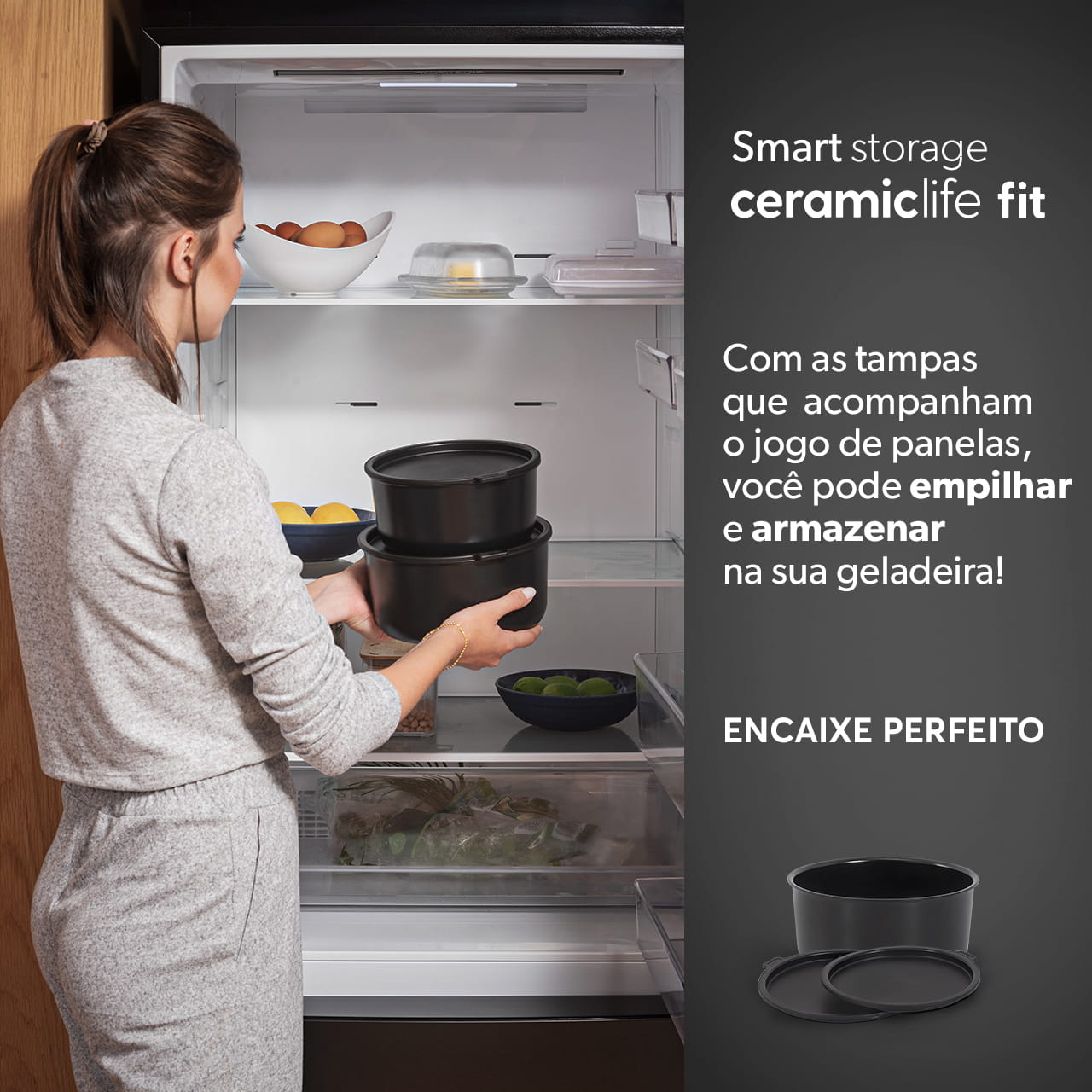 Jogo de Panelas Empilhável Brinox Fit 10 Peças Antiaderente Ceramic Life, Cabo Removível e Fundo de Indução - Preto - Imagem 8