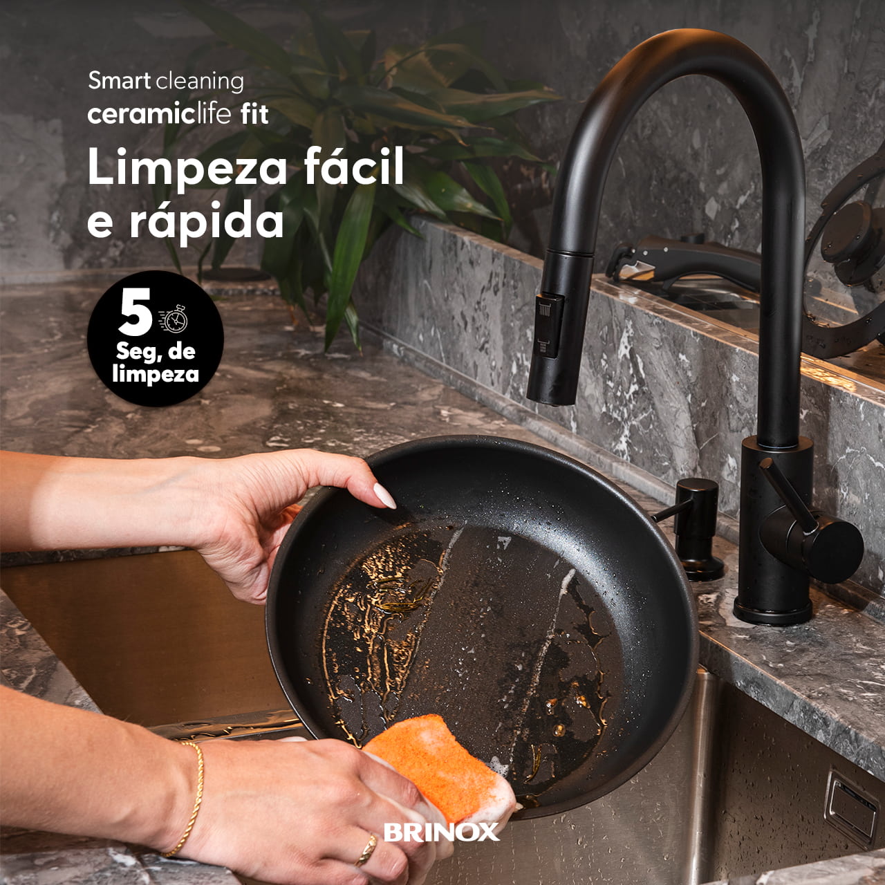 Jogo de Panelas Empilhável Brinox Fit 10 Peças Antiaderente Ceramic Life, Cabo Removível e Fundo de Indução - Preto - Imagem 9