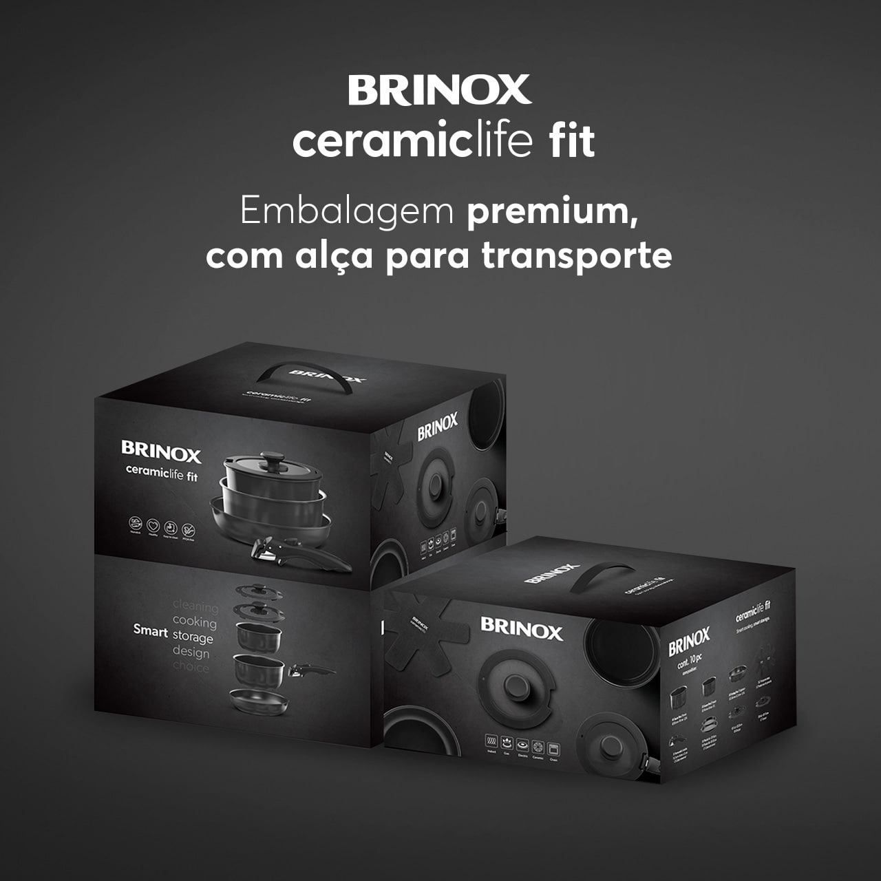 Jogo de Panelas Empilhável Brinox Fit 10 Peças Antiaderente Ceramic Life, Cabo Removível e Fundo de Indução - Preto - Imagem 12