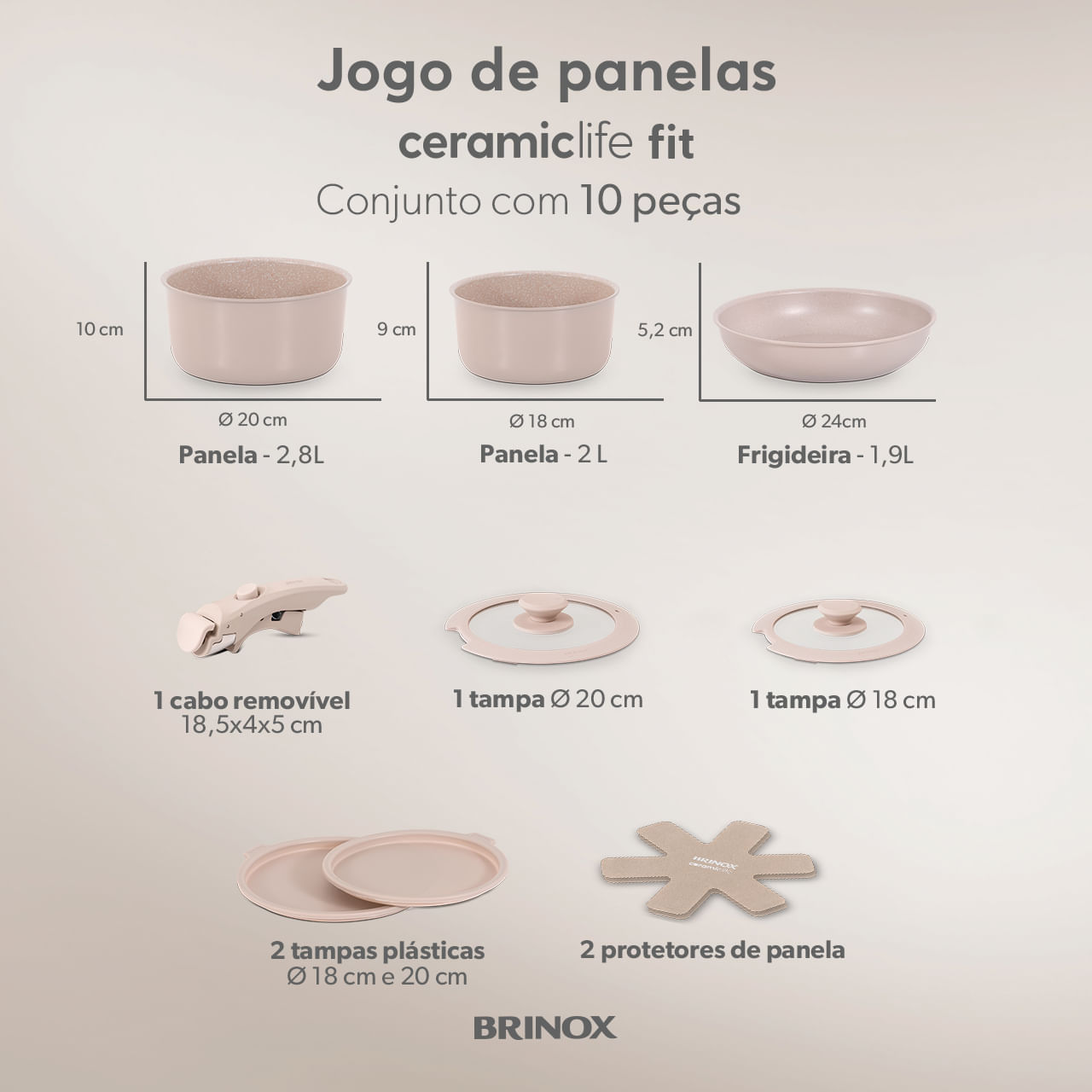Jogo de Panelas Empilhável Brinox Fit 10 Peças Antiaderente Ceramic Life, Cabo Removível e Fundo de Indução - Areia - Imagem 4