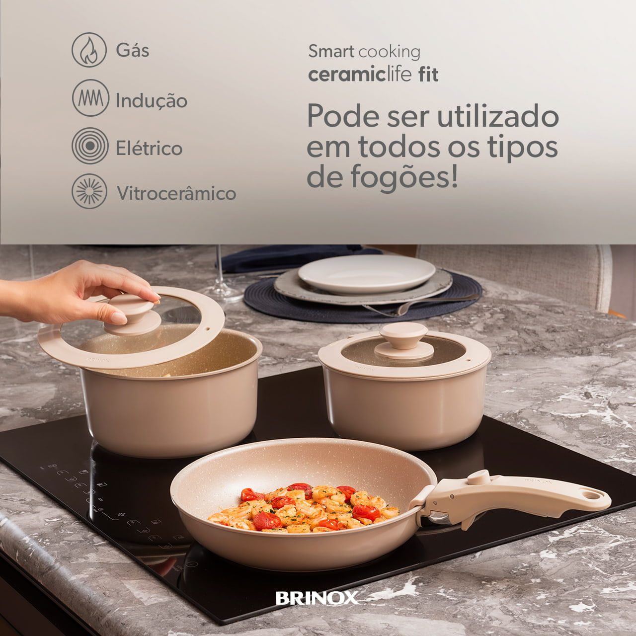 Jogo de Panelas Empilhável Brinox Fit 10 Peças Antiaderente Ceramic Life, Cabo Removível e Fundo de Indução - Areia - Imagem 5