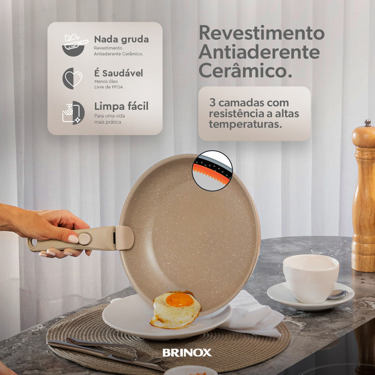 Jogo de Panelas Empilhável Brinox Fit 10 Peças Antiaderente Ceramic Life, Cabo Removível e Fundo de Indução - Areia - Imagem 6
