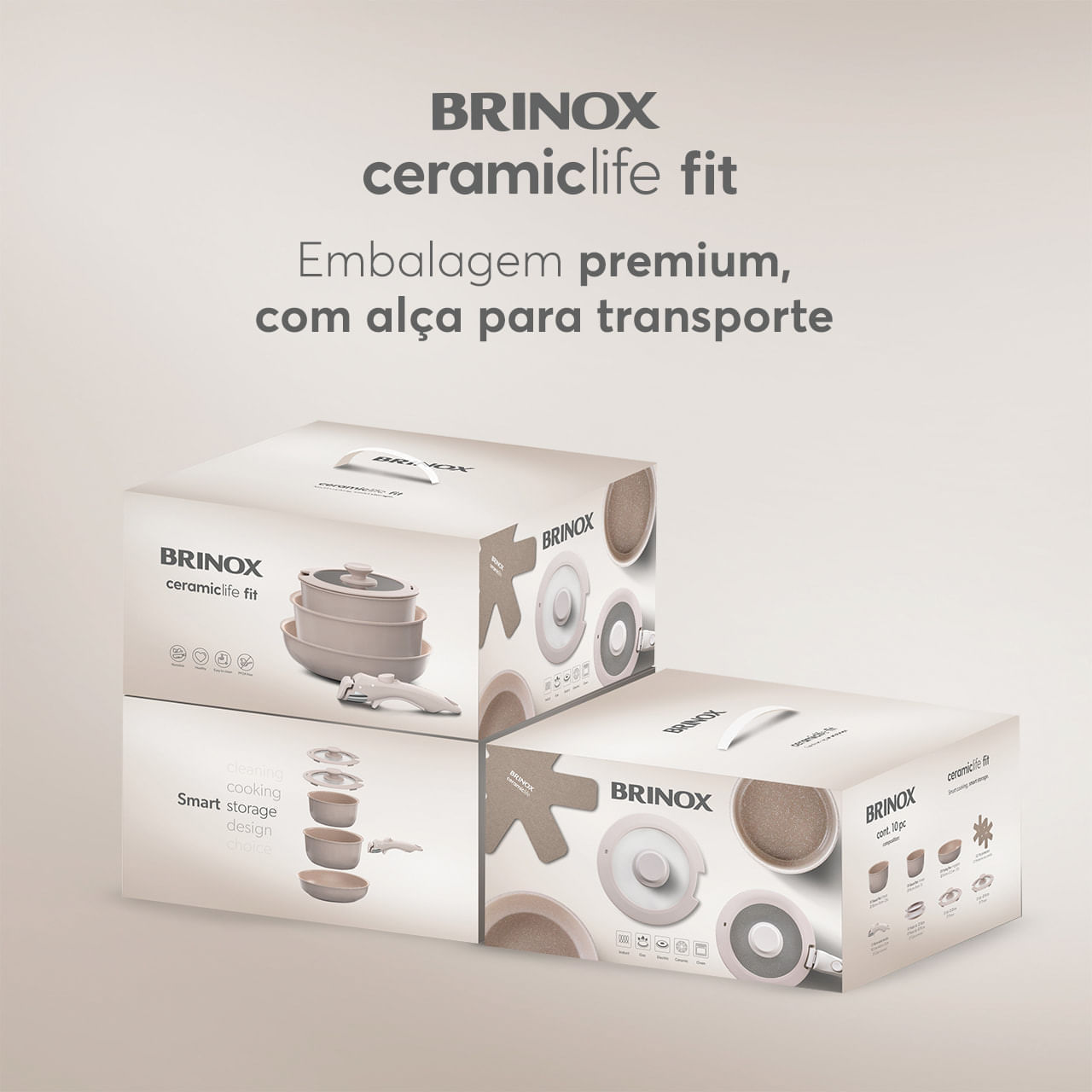 Jogo de Panelas Empilhável Brinox Fit 10 Peças Antiaderente Ceramic Life, Cabo Removível e Fundo de Indução - Areia - Imagem 12
