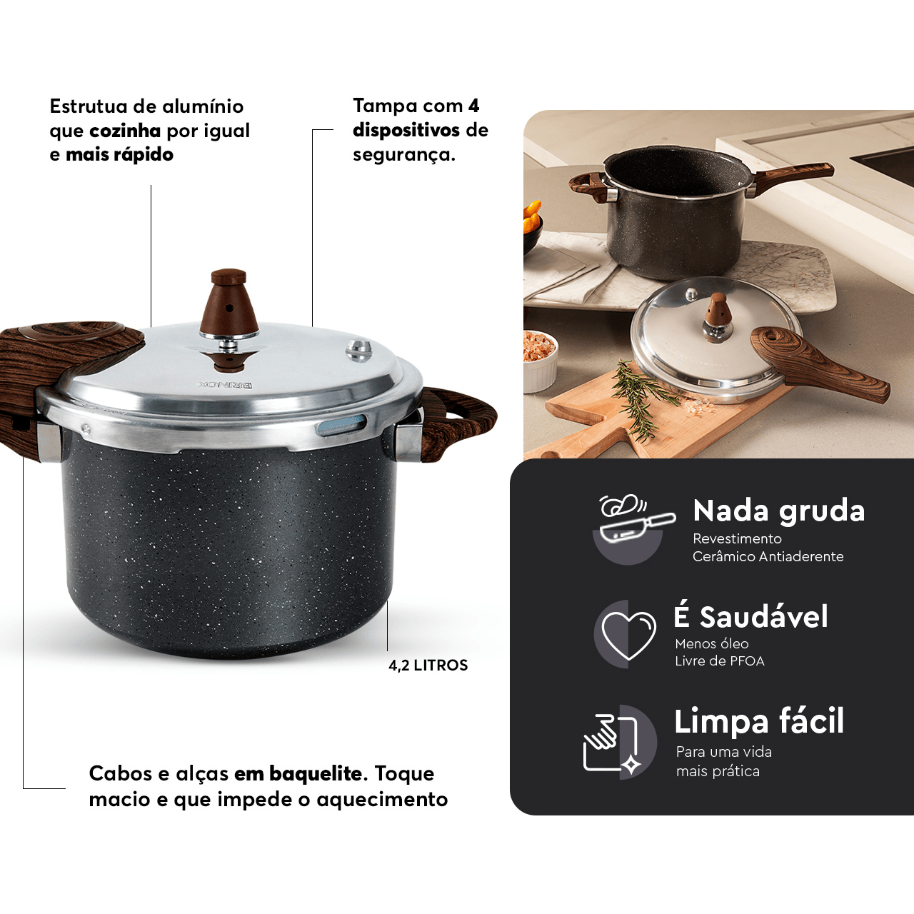 Panela de Pressão Indução Brinox Pressure Antiaderente Ceramic Life 4,2 Litros Ø20cm Granito - Imagem 5