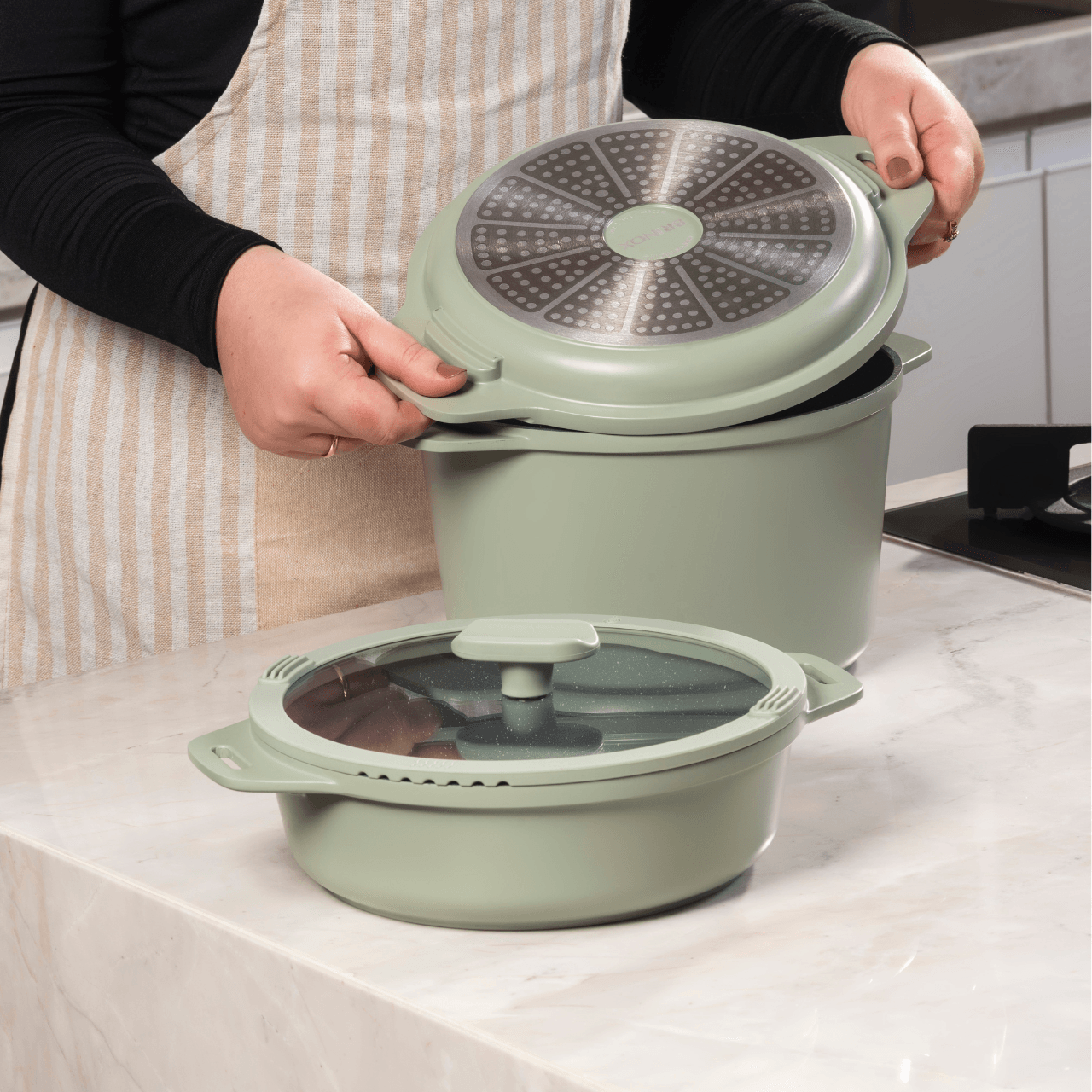 Jogo de Panelas Empilhável Brinox Loft 7 Peças Antiaderente Ceramic Life, Cabo Removível e Fundo de Indução – Verde - Imagem 10