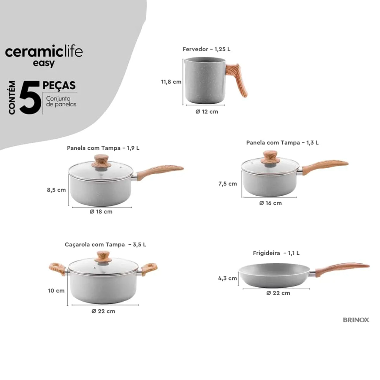 Jogo de Panelas Brinox Antiaderente Ceramic Life 5 Peças Easy Gris - Imagem 5