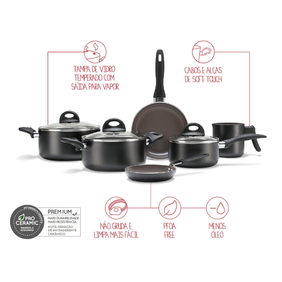 Jogo de Panelas Brinox Antiaderente Ceramic Life 6 Peças Smart Plus Preto - Imagem 16