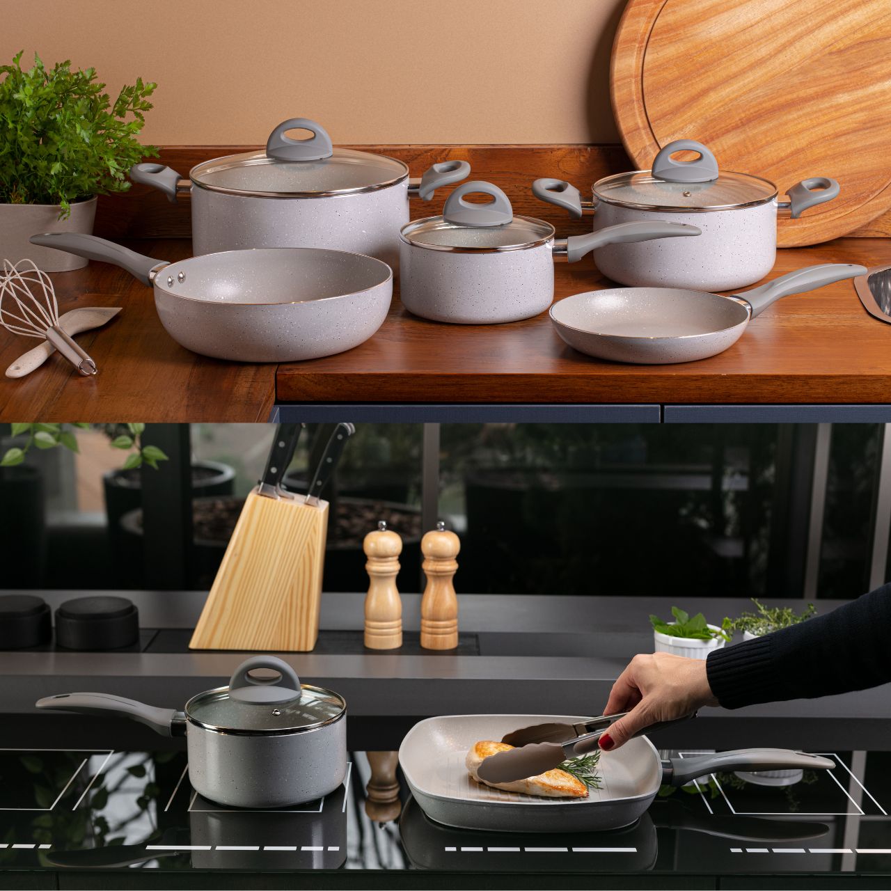 Jogo de Panelas Brinox Antiaderente Ceramic Life 5 Peças Marble Blend com Indução Cinza Claro - Imagem 2