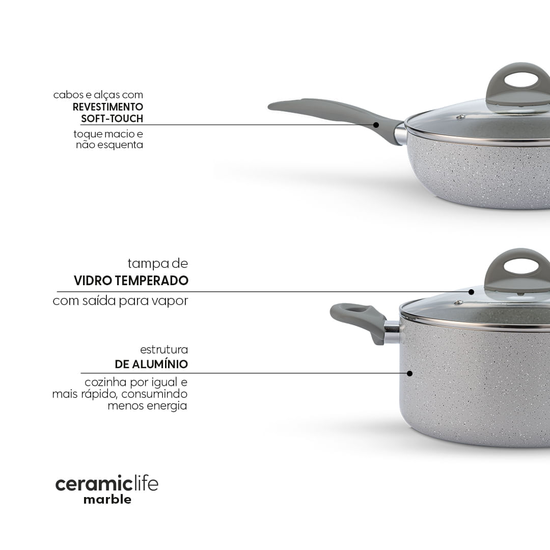 Jogo de Panelas Brinox Antiaderente Ceramic Life 5 Peças Marble Blend com Indução Cinza Claro - Imagem 3