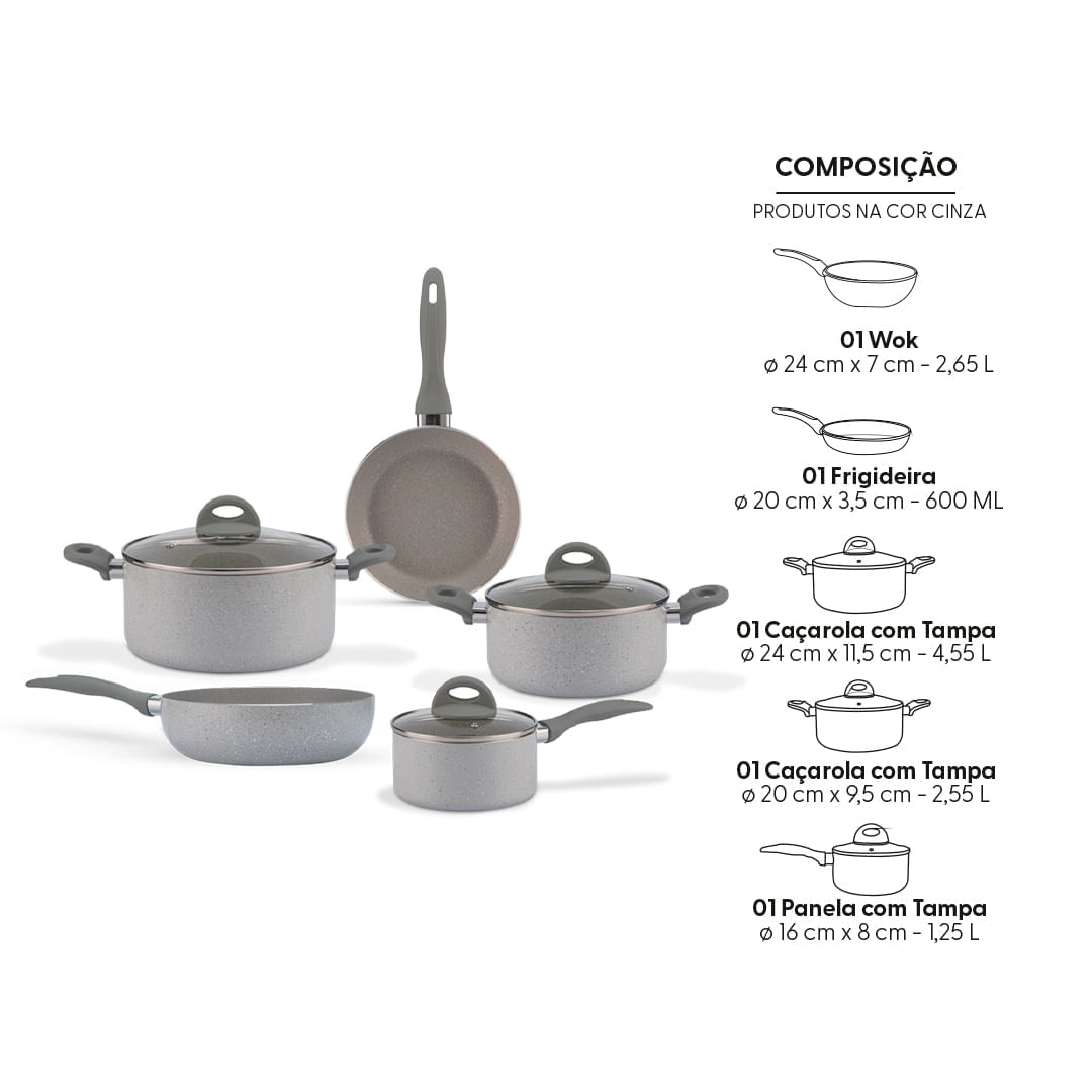Jogo de Panelas Brinox Antiaderente Ceramic Life 5 Peças Marble Blend com Indução Cinza Claro - Imagem 4