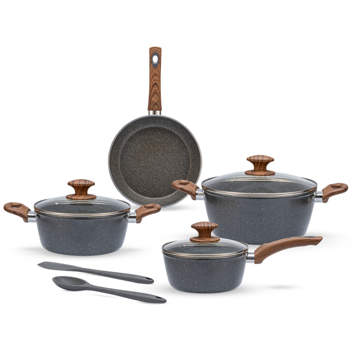 Jogo de Panelas Brinox Antiaderente Ceramic Life 6 Peças Marble Wood com Indução Cinza Escuro