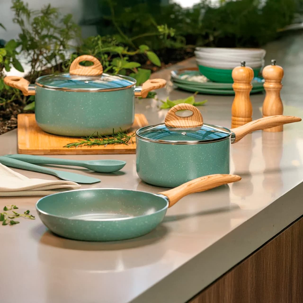 Jogo de Panelas Brinox Antiaderente Ceramic Life 6 Peças Botanika com Indução Verde - Imagem 2