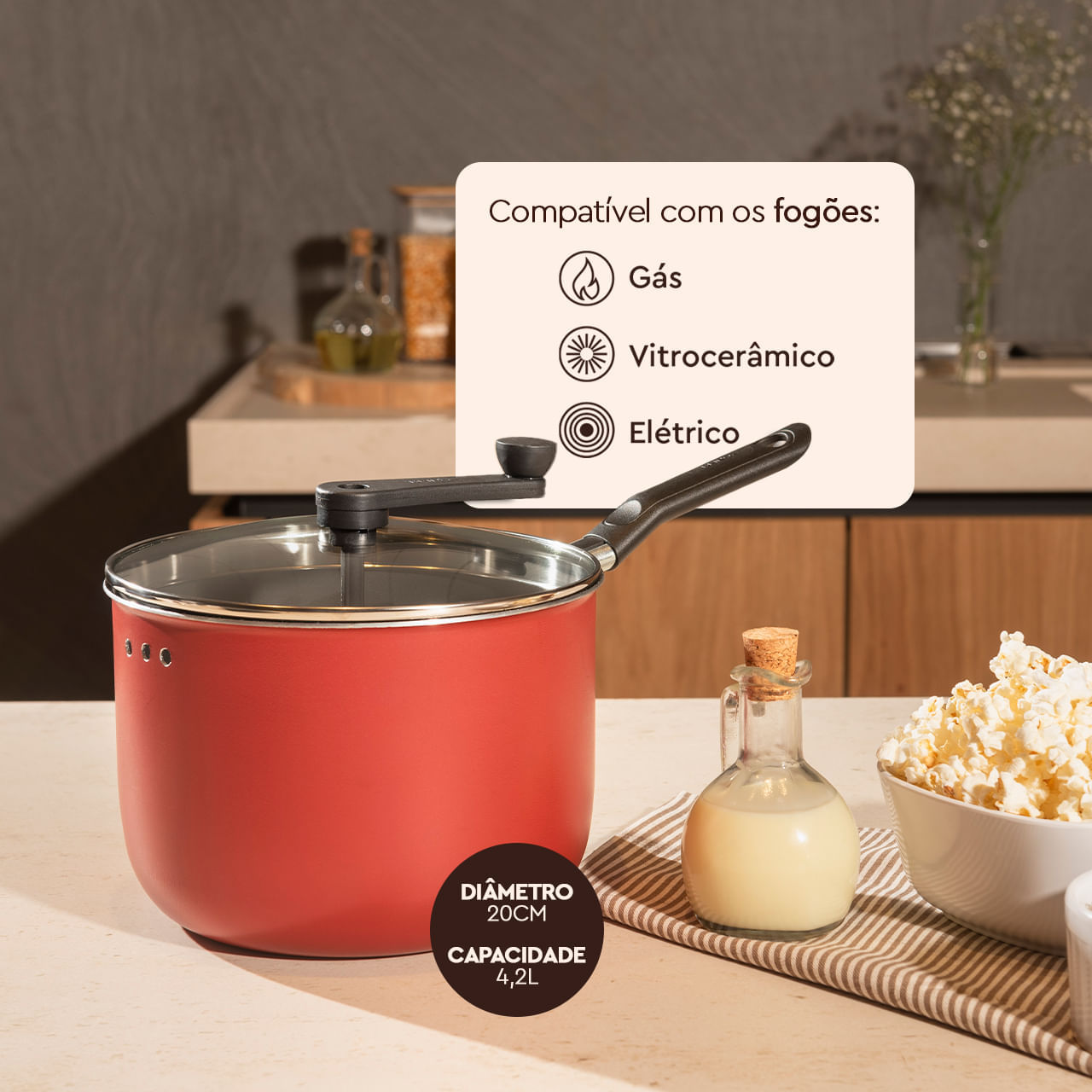 Pipoqueira Brinox Pic Poc Especiarias Antiaderente Pro-Flon 4,2 Litros Ø20cm Cereja - Imagem 3