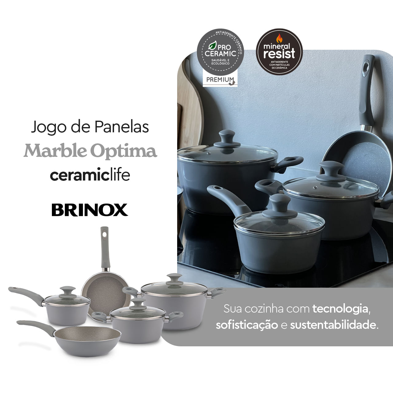 Jogo de Panelas Brinox Antiaderente Ceramic Life 5 Peças Marble Optima com Indução Cinza - Imagem 2