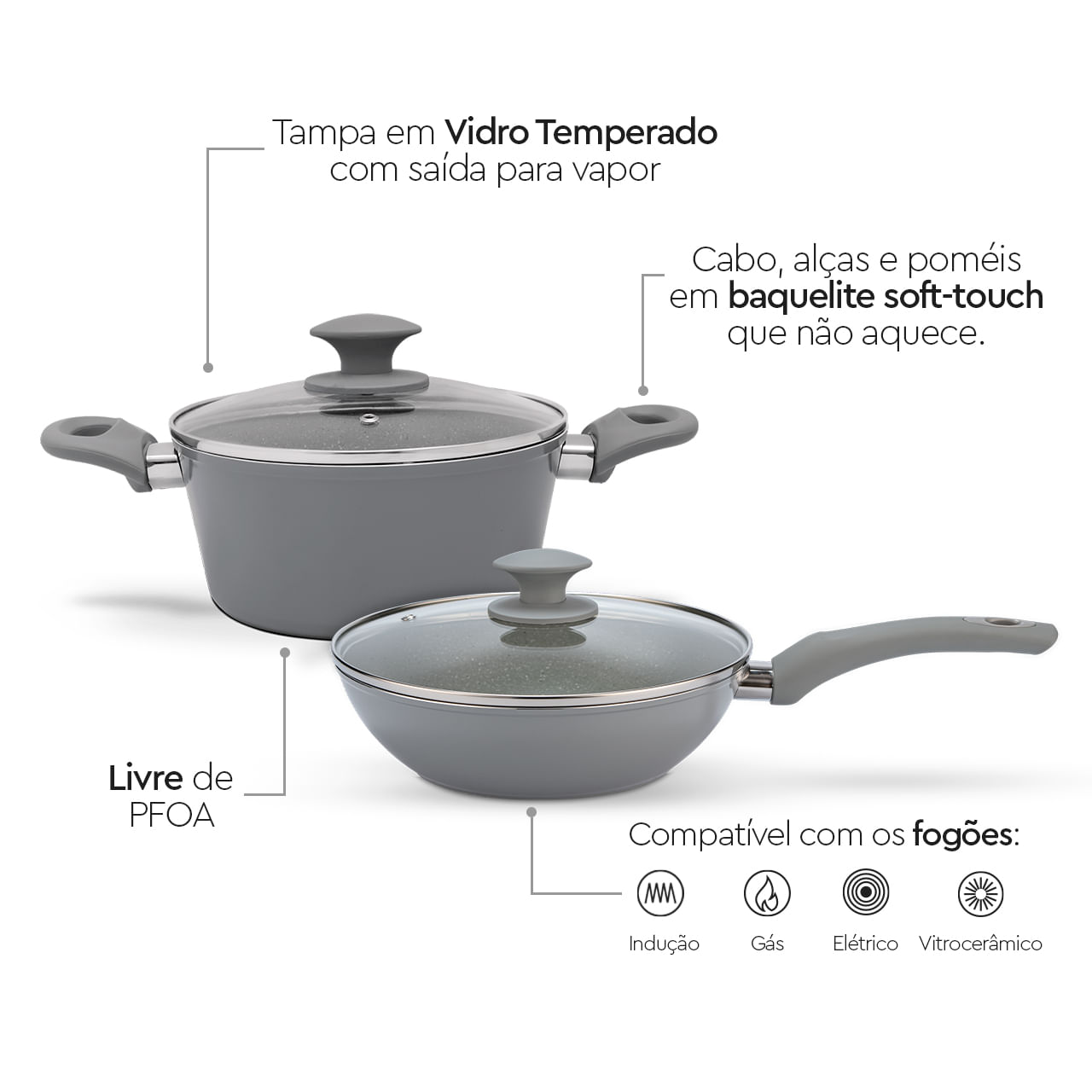 Jogo de Panelas Brinox Antiaderente Ceramic Life 5 Peças Marble Optima com Indução Cinza - Imagem 4