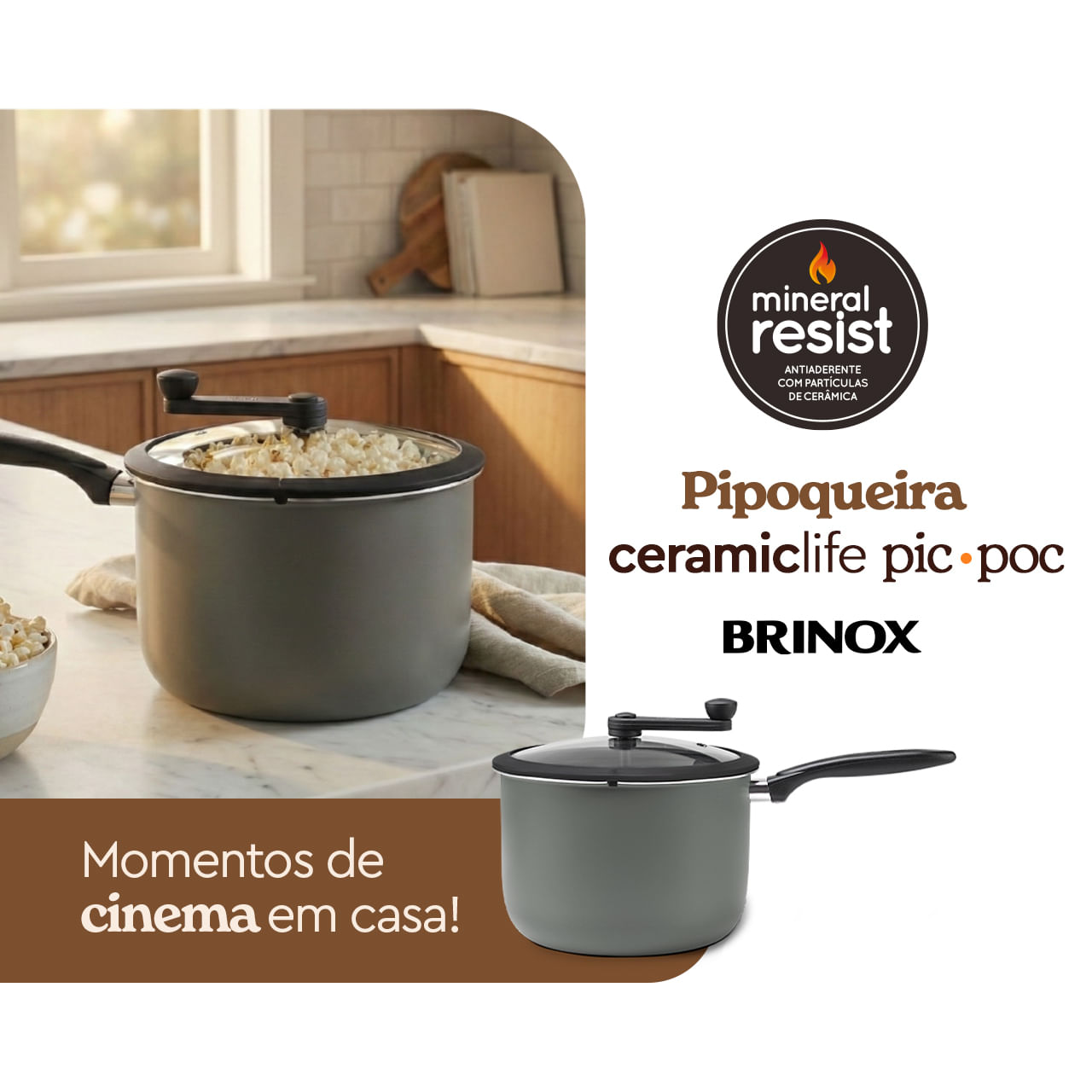 Pipoqueira Brinox Pic Poc Antiaderente Ceramic Life 5,5 Litros Ø22cm Camurça - Imagem 2