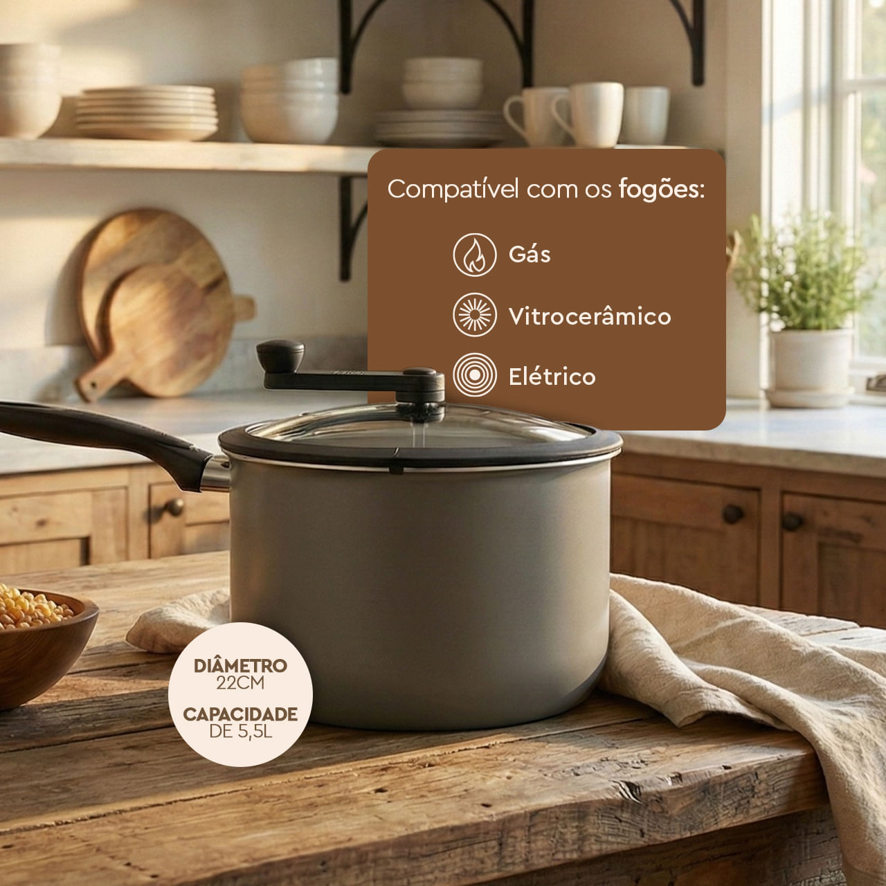 Pipoqueira Brinox Pic Poc Antiaderente Ceramic Life 5,5 Litros Ø22cm Camurça - Imagem 3