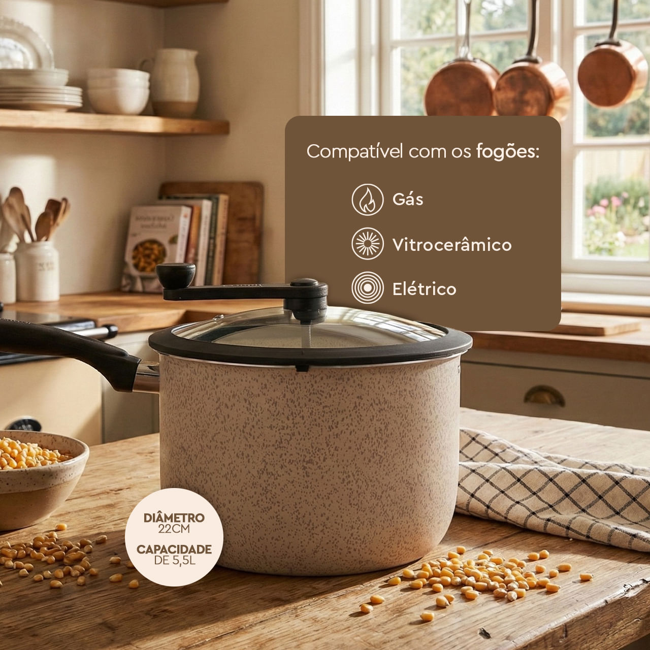 Pipoqueira Brinox Pic Poc Antiaderente Ceramic Life 5,5 Litros Ø22cm Vanilla - Imagem 3