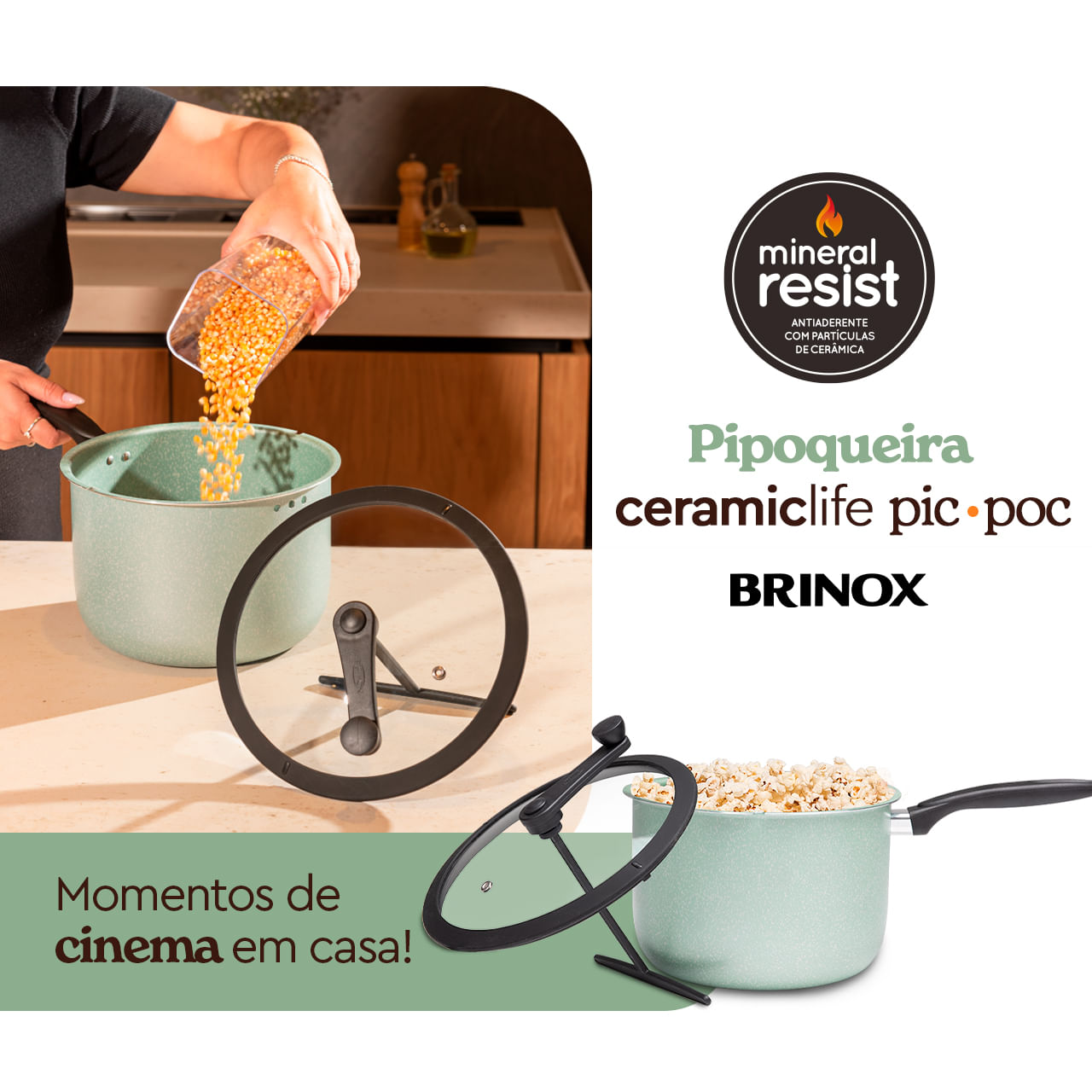 Pipoqueira Brinox Pic Poc Antiaderente Ceramic Life 5,5 Litros Ø22cm Verde - Imagem 2