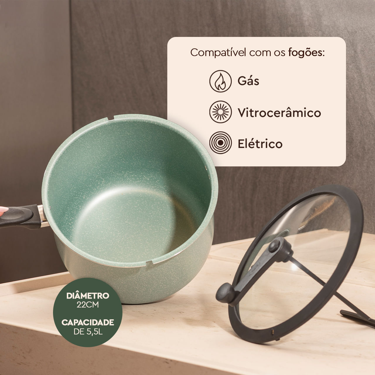 Pipoqueira Brinox Pic Poc Antiaderente Ceramic Life 5,5 Litros Ø22cm Verde - Imagem 3